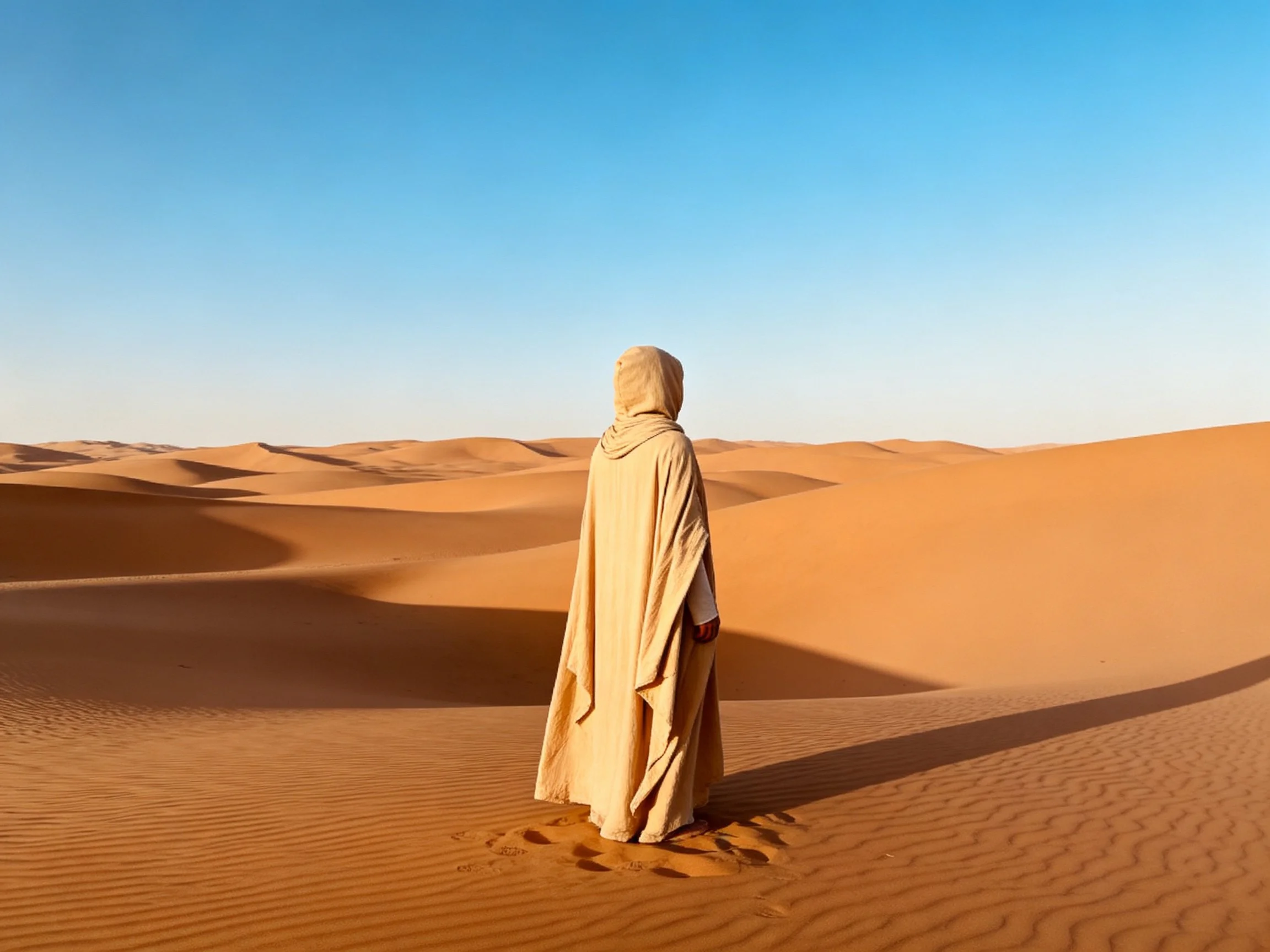 A robed figure in golden sand dunes under clear blue sky