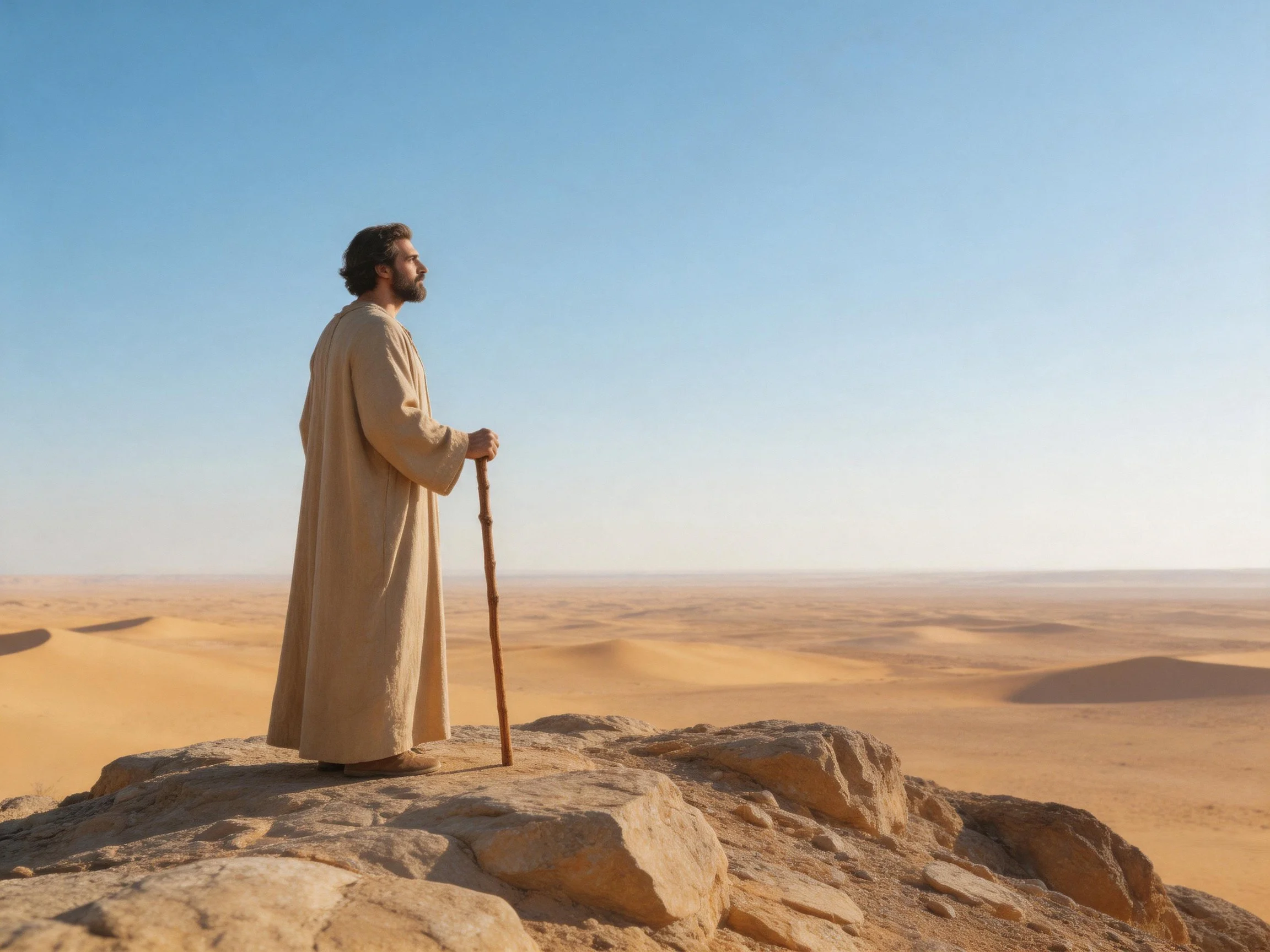 A robed individual with a staff stands on rocks overlooking sandy deserts