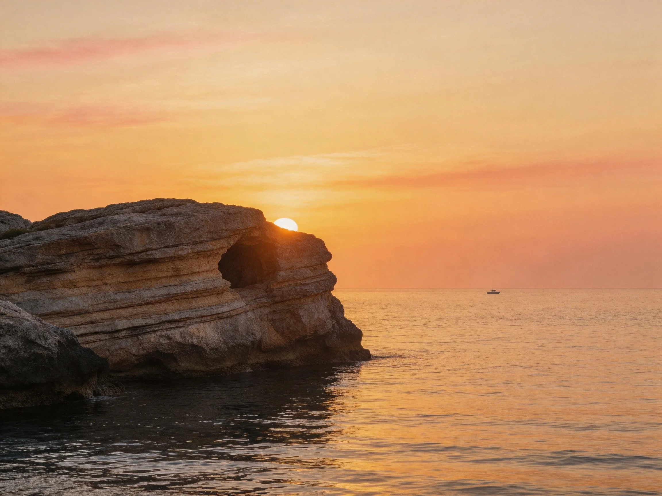 A rocky arch framed by a golden sunset over tranquil seas