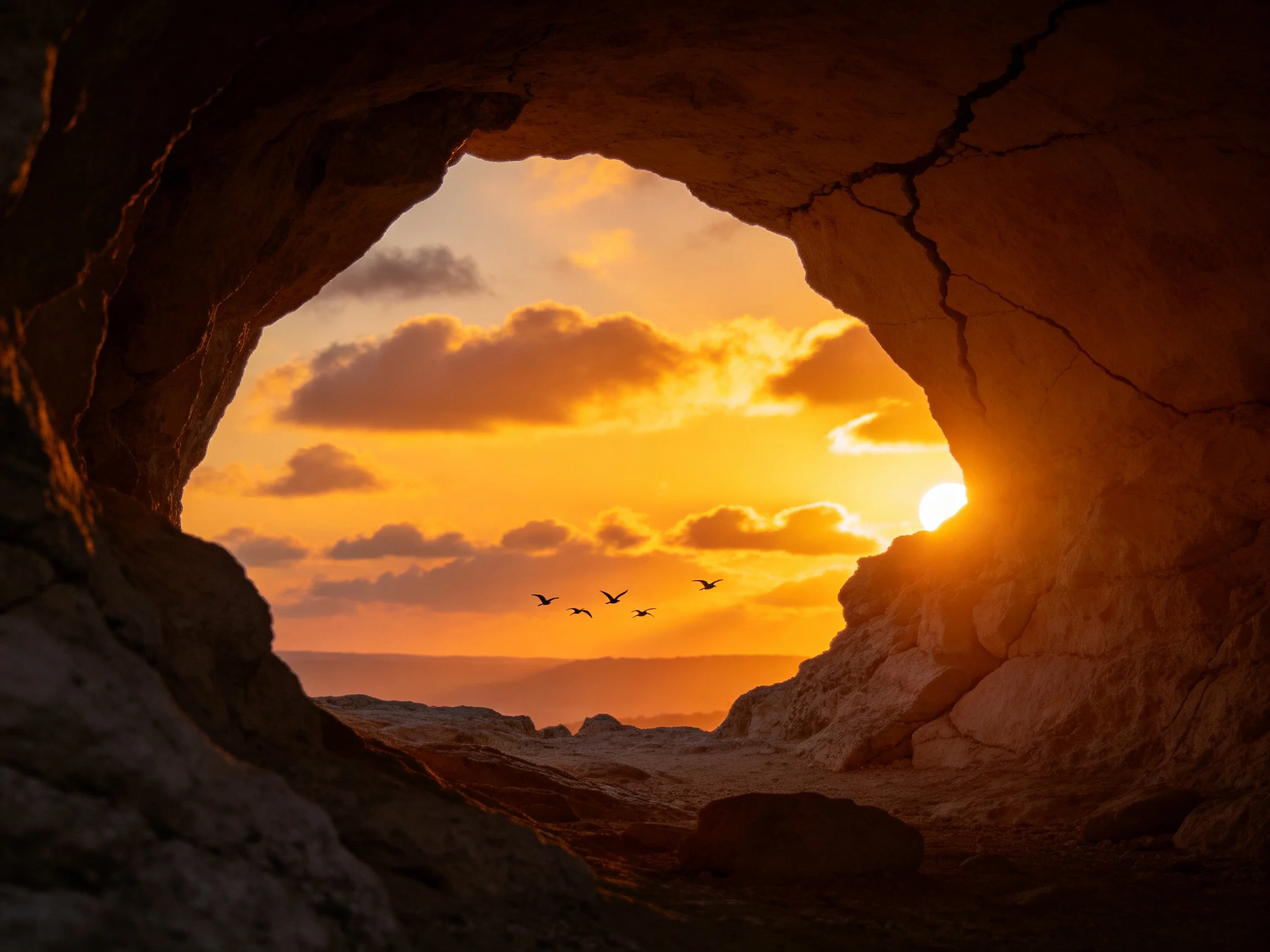 A rocky cave opening frames a golden sunset with flying birds
