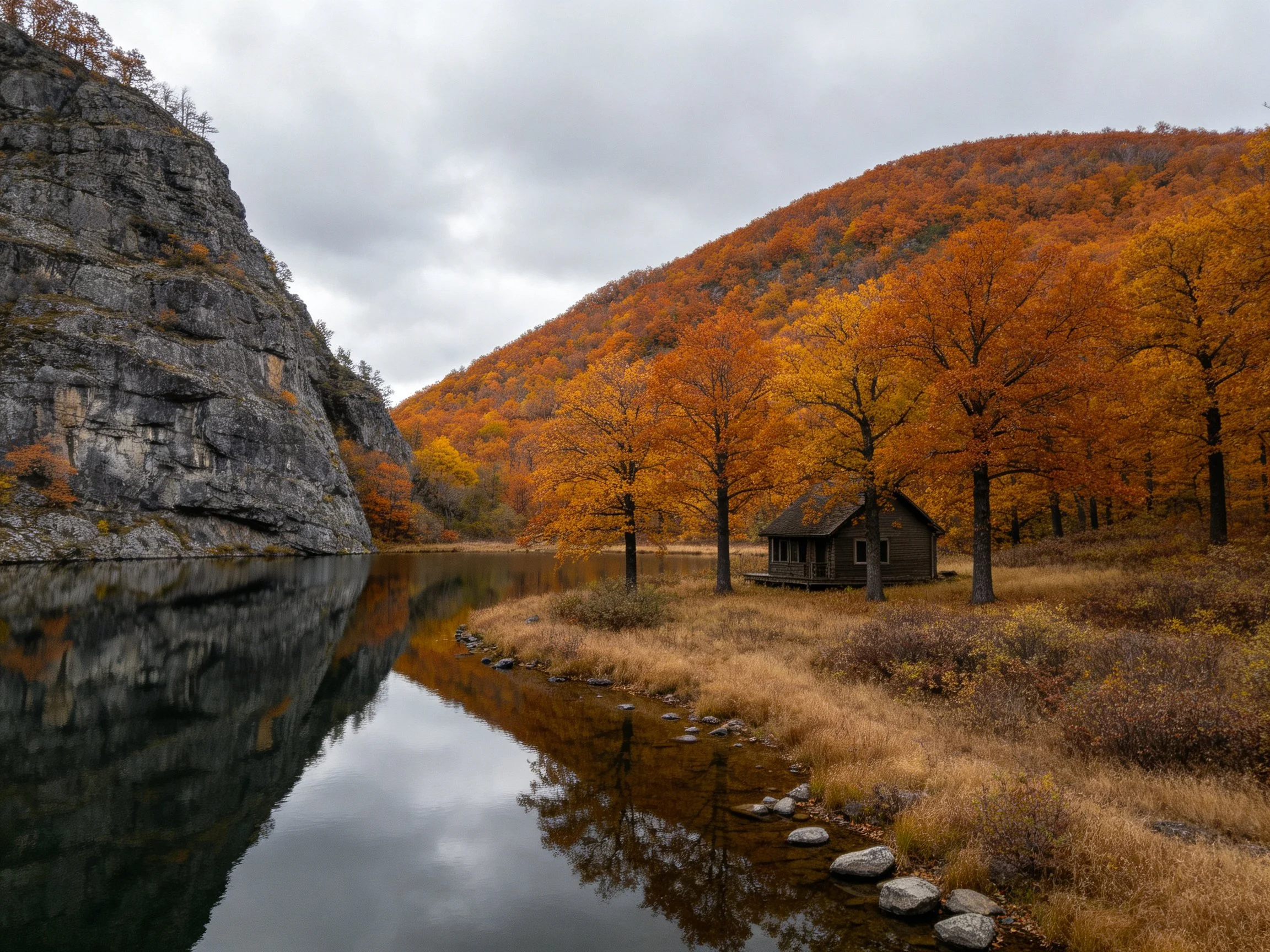 A rocky cliffside lake reflects autumn trees near a wooden cabin
