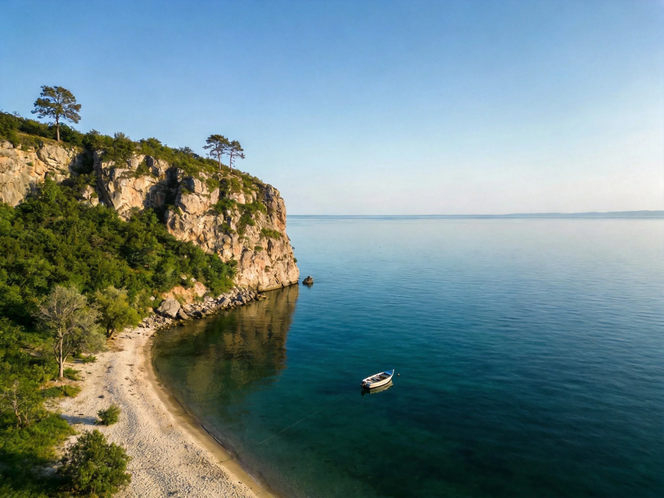 A rocky cliffside overlooks a calm turquoise sea with a small boat