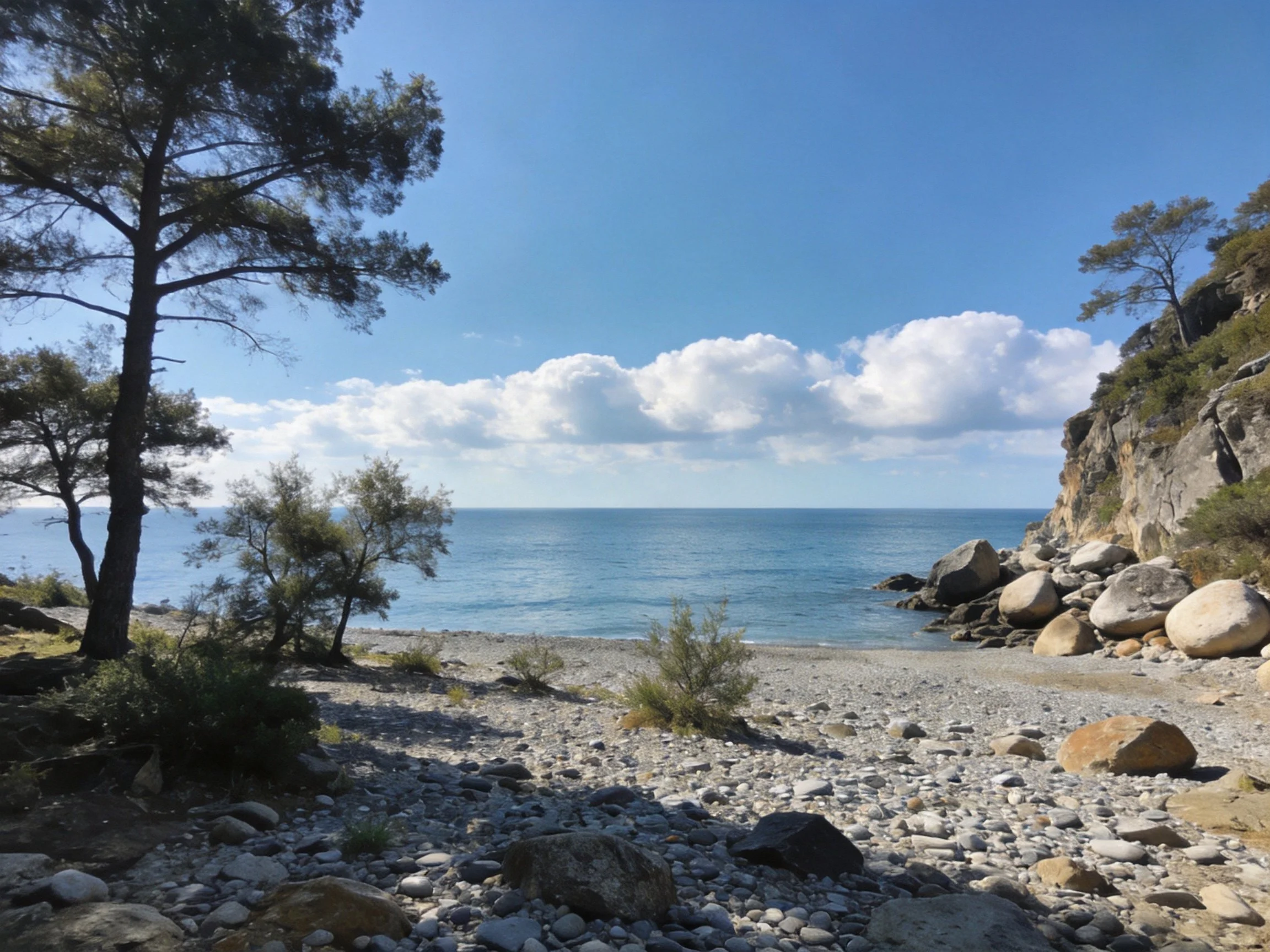 A rocky coastal cove with pebbled shoreline and pine trees