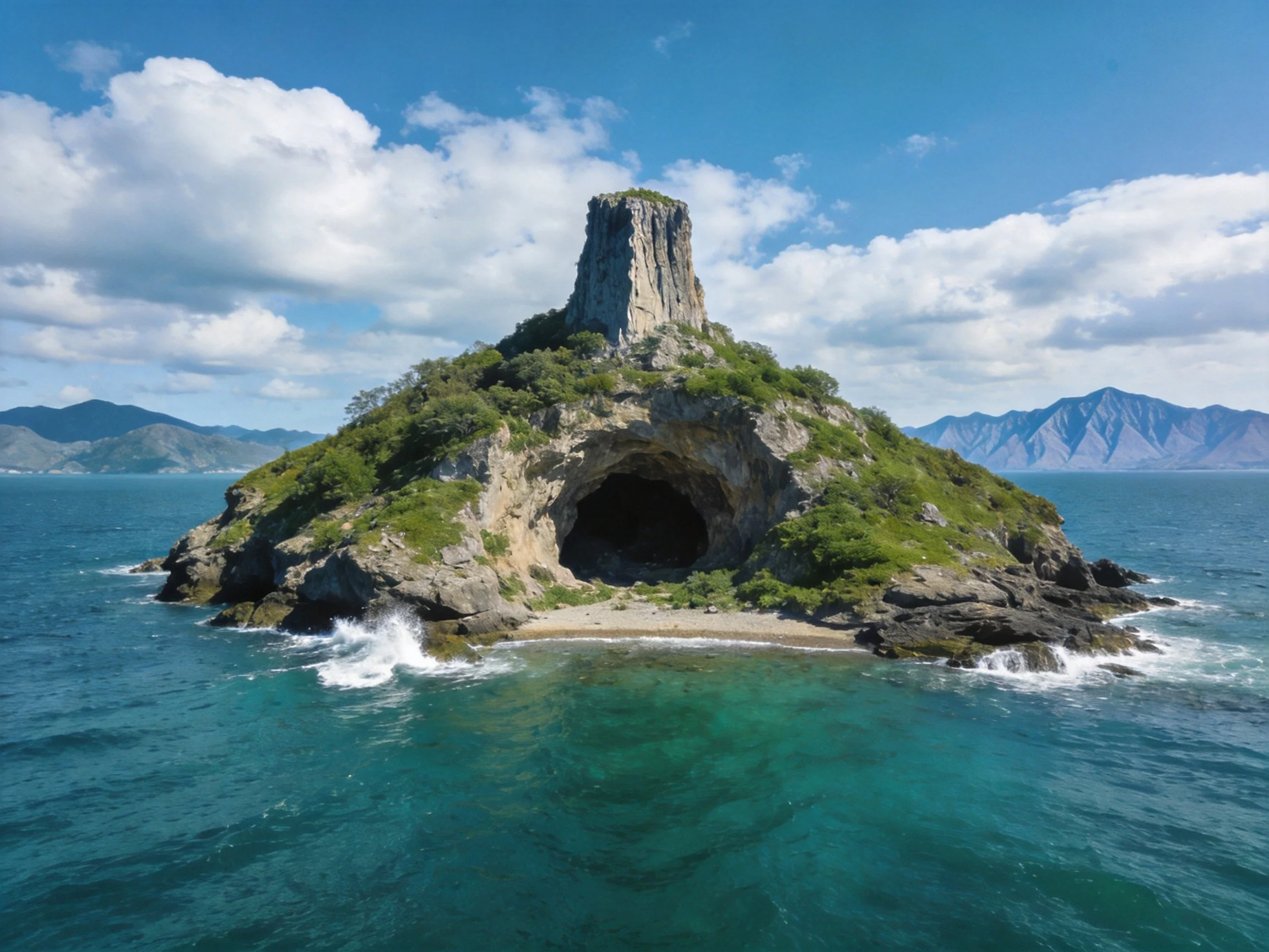 A rocky island with a cave, tall stone tower, turquoise waters