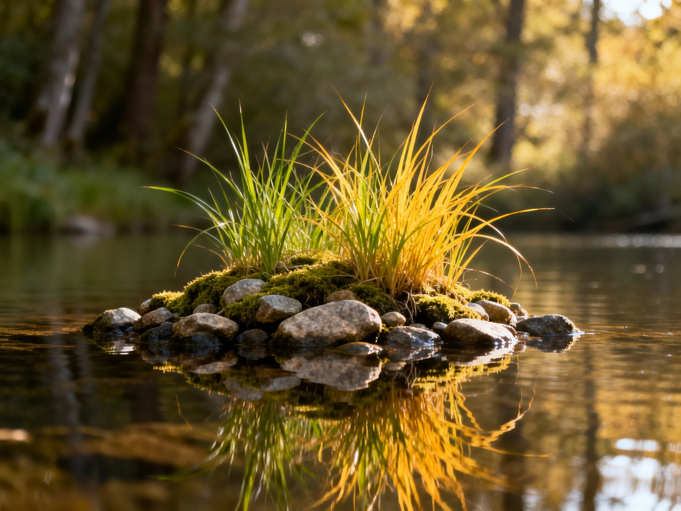 A rocky island with green and golden grasses floats in calm water near trees.