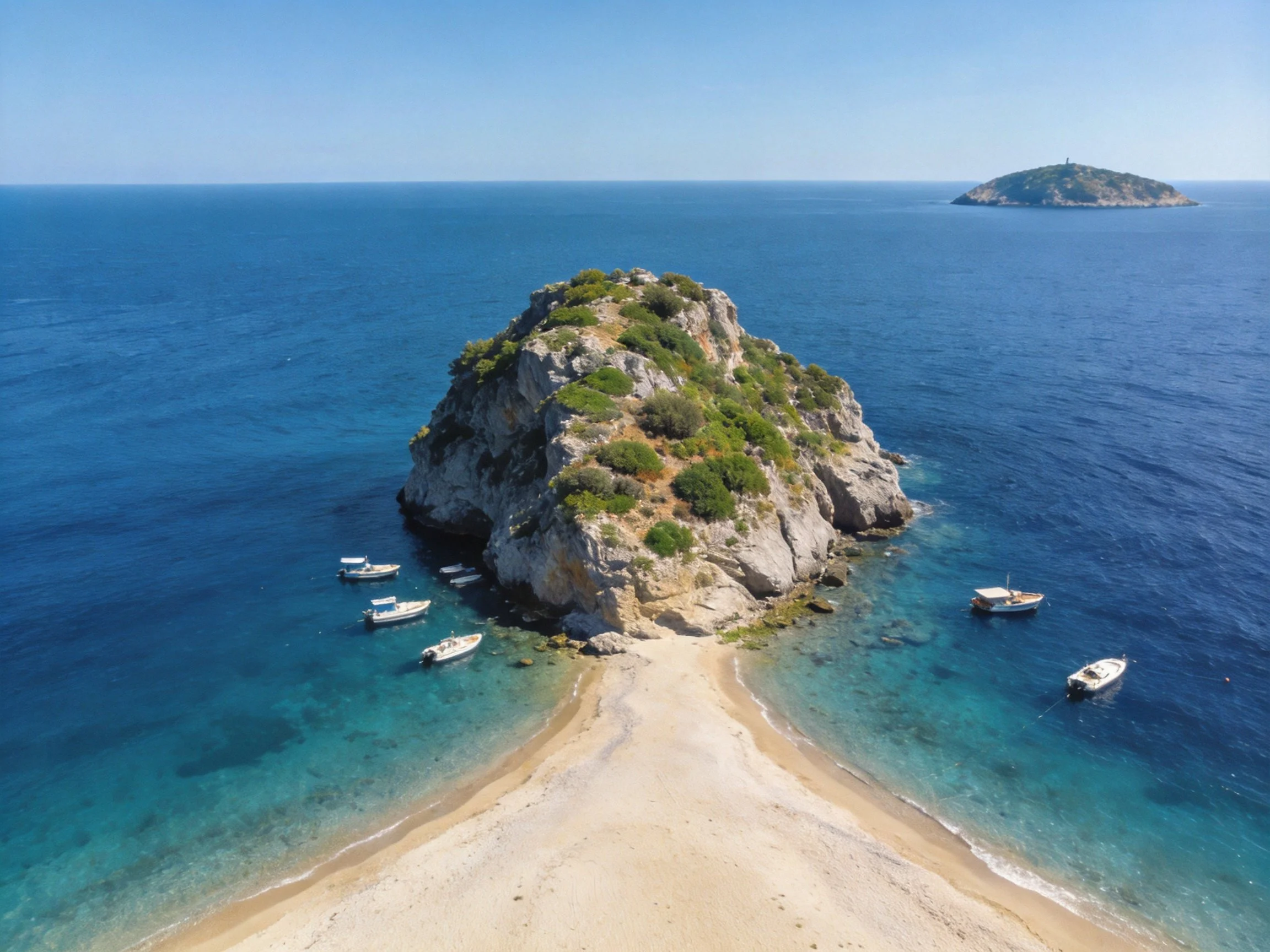 A rocky island with greenery surrounded by turquoise waters