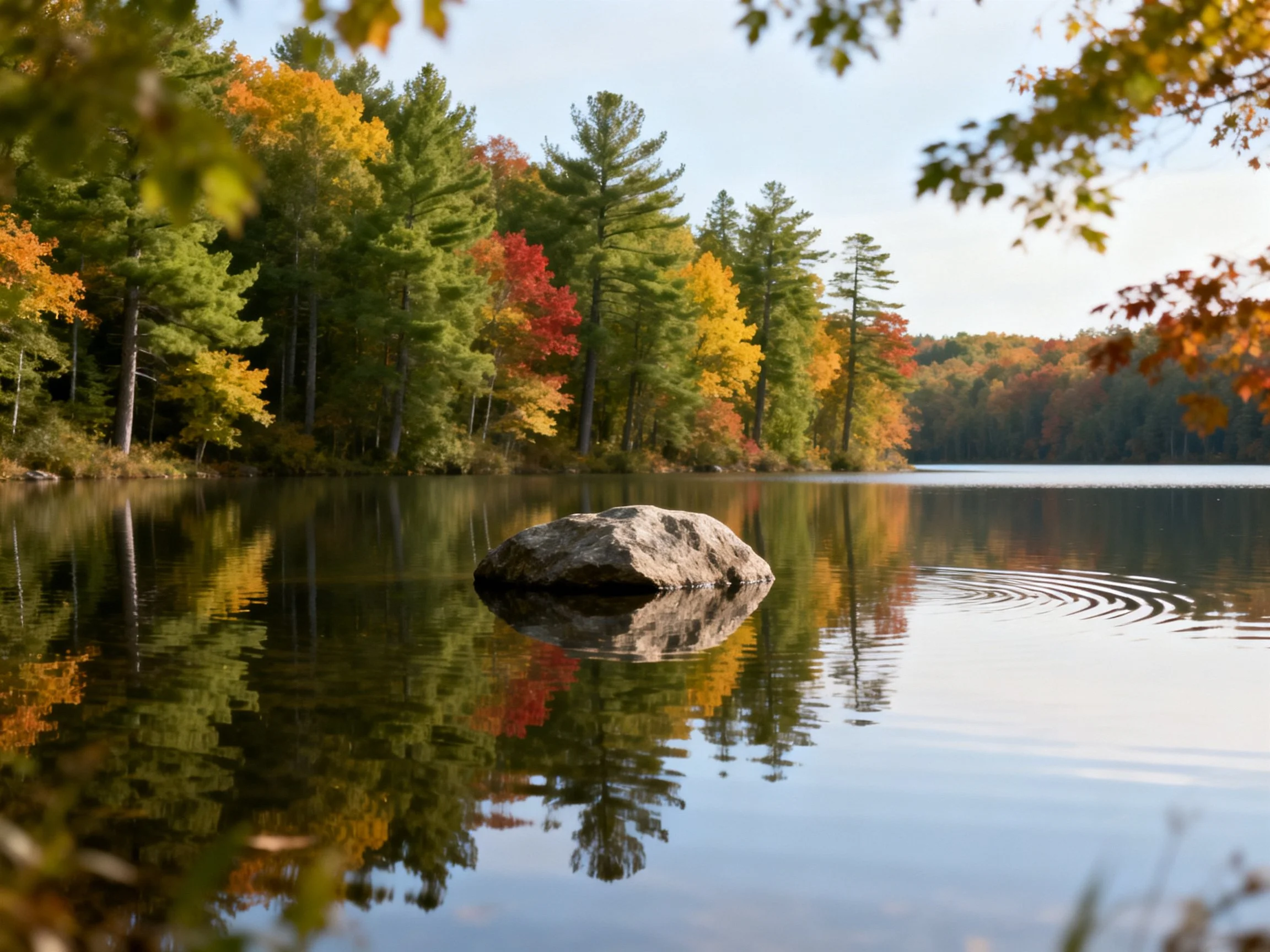 A rocky lake reflects vibrant autumn forest trees