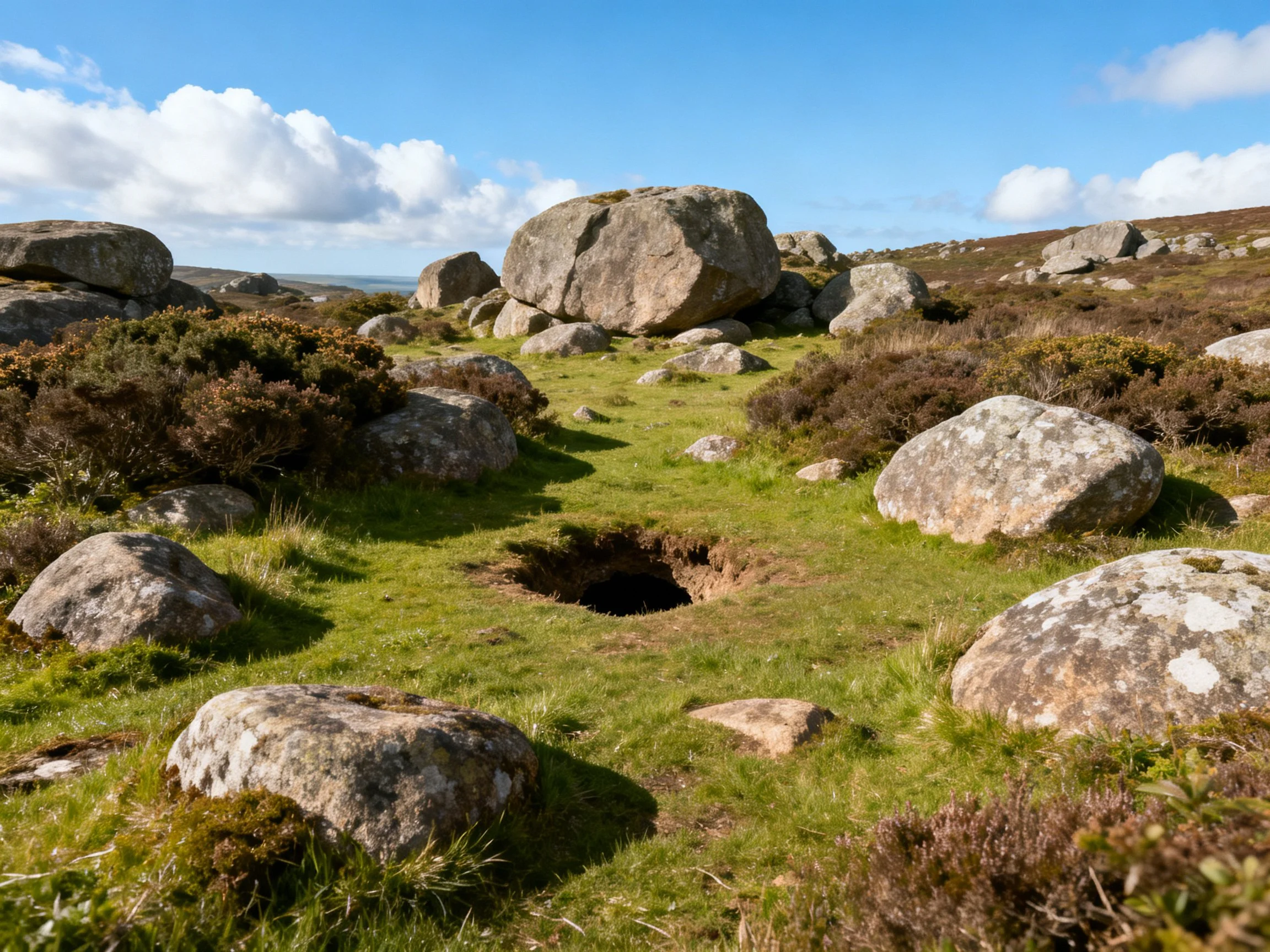 A rocky moorland landscape with large granite boulders and central hole