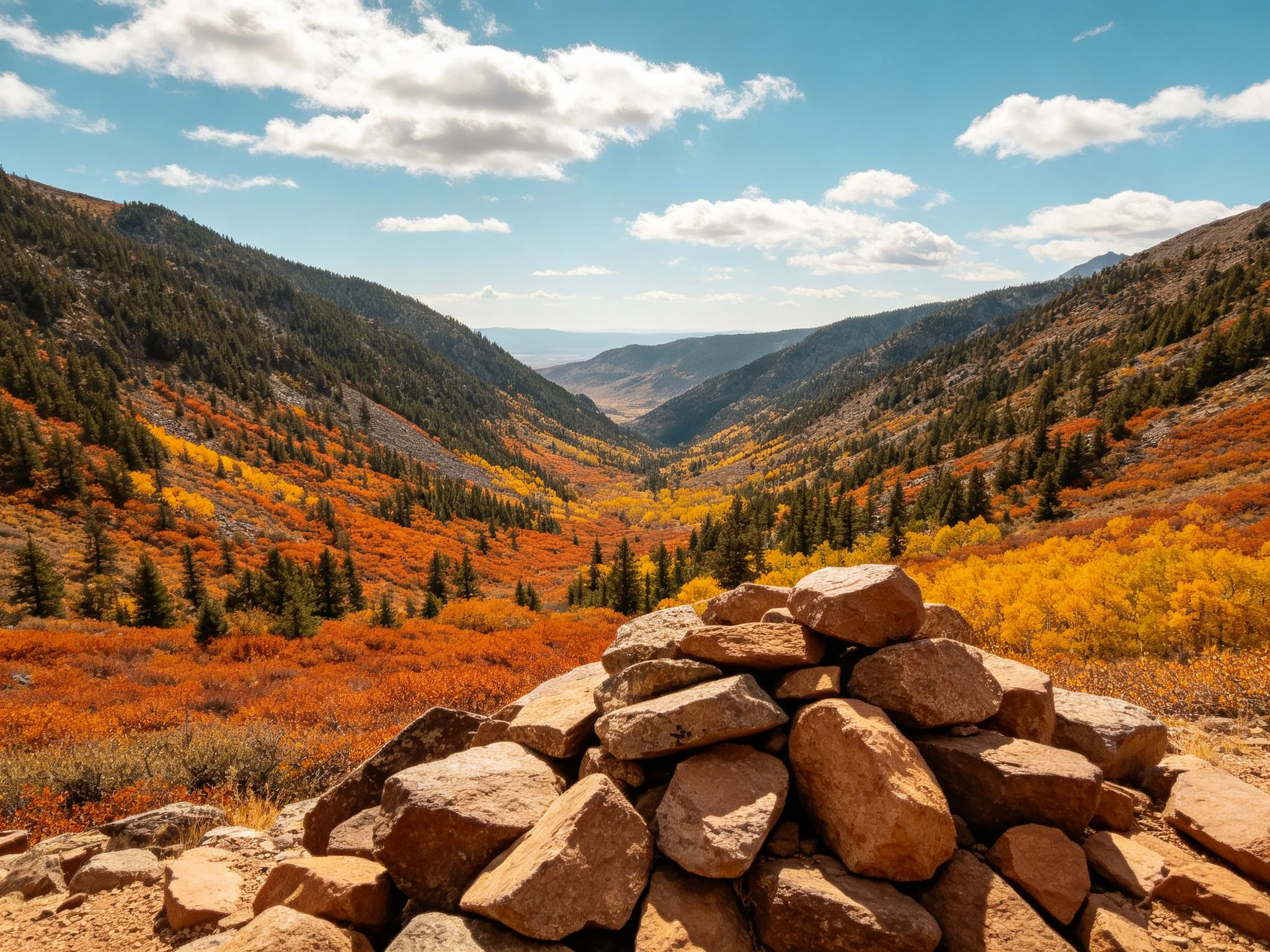 A rocky mound overlooks a vibrant autumn mountain valley