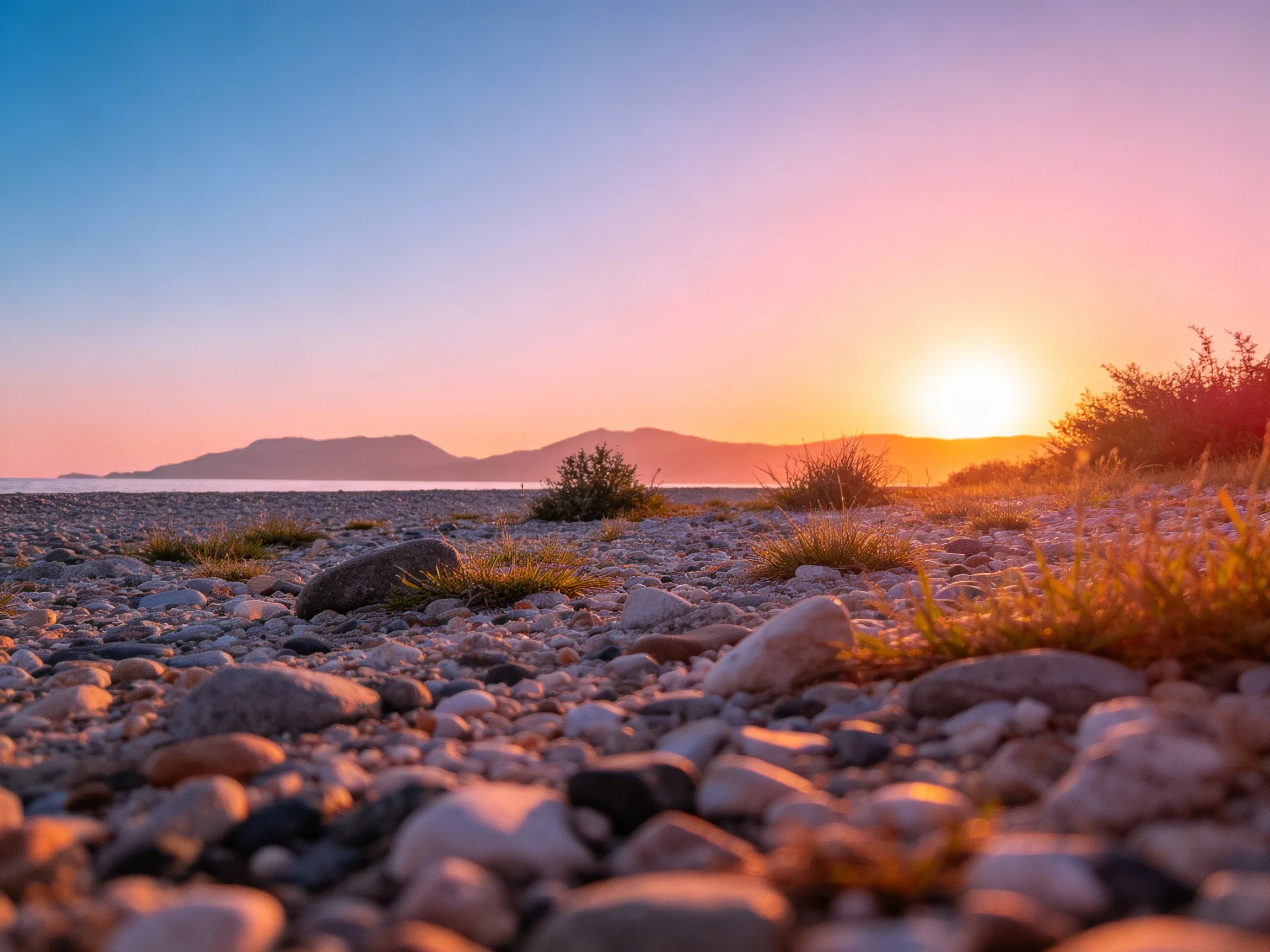 A rocky shoreline at sunset with vibrant sky and distant mountains