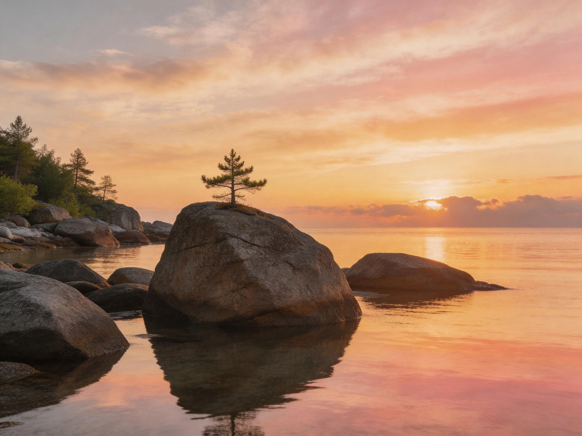 A rocky shoreline with a pine atop a large boulder during sunset