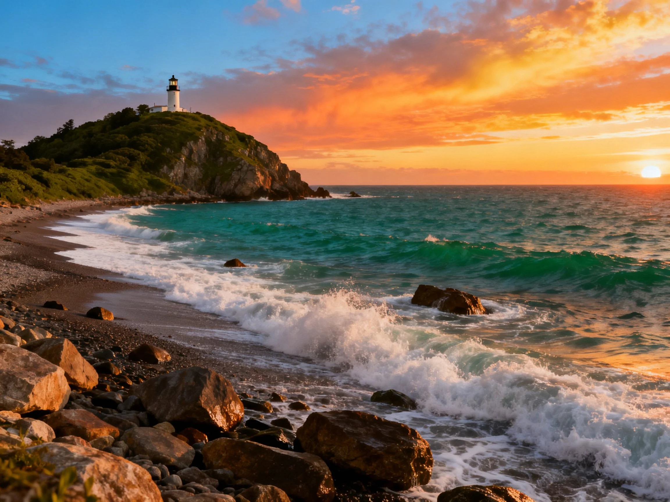 A rocky shoreline with a white lighthouse under vibrant sunset hues