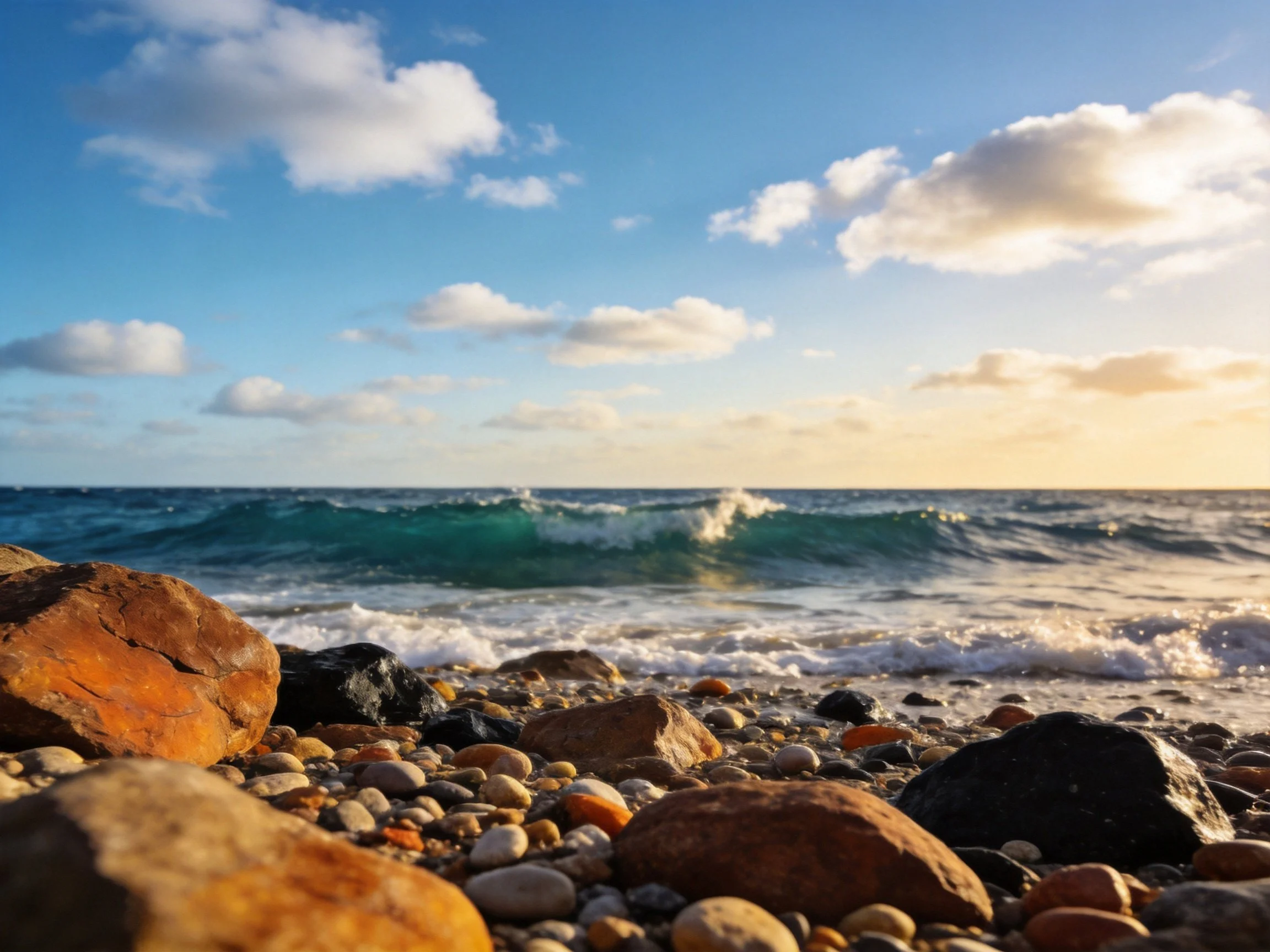 A rocky shoreline with turquoise waves and golden-brown stones under a bright sky