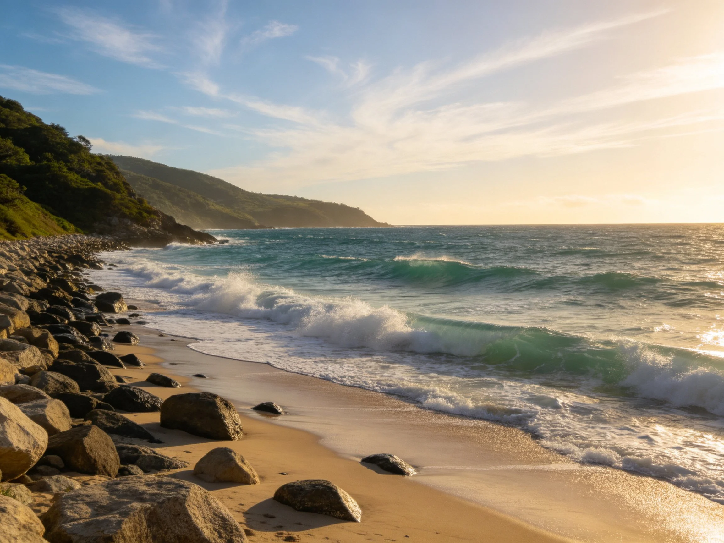 A rocky shoreline with turquoise waves and golden sunset hues