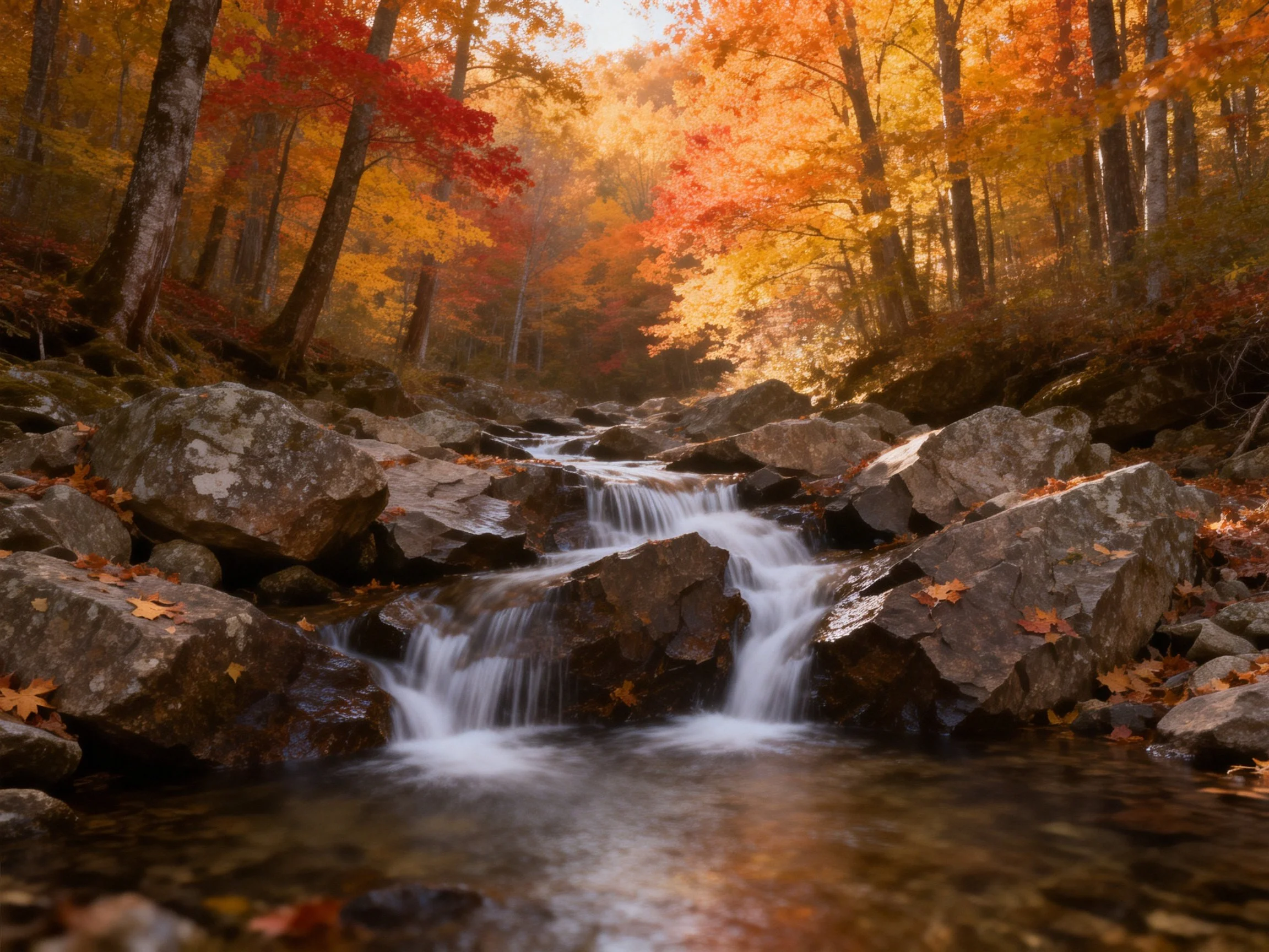 A rocky stream cascades amid vibrant fall foliage and large boulders