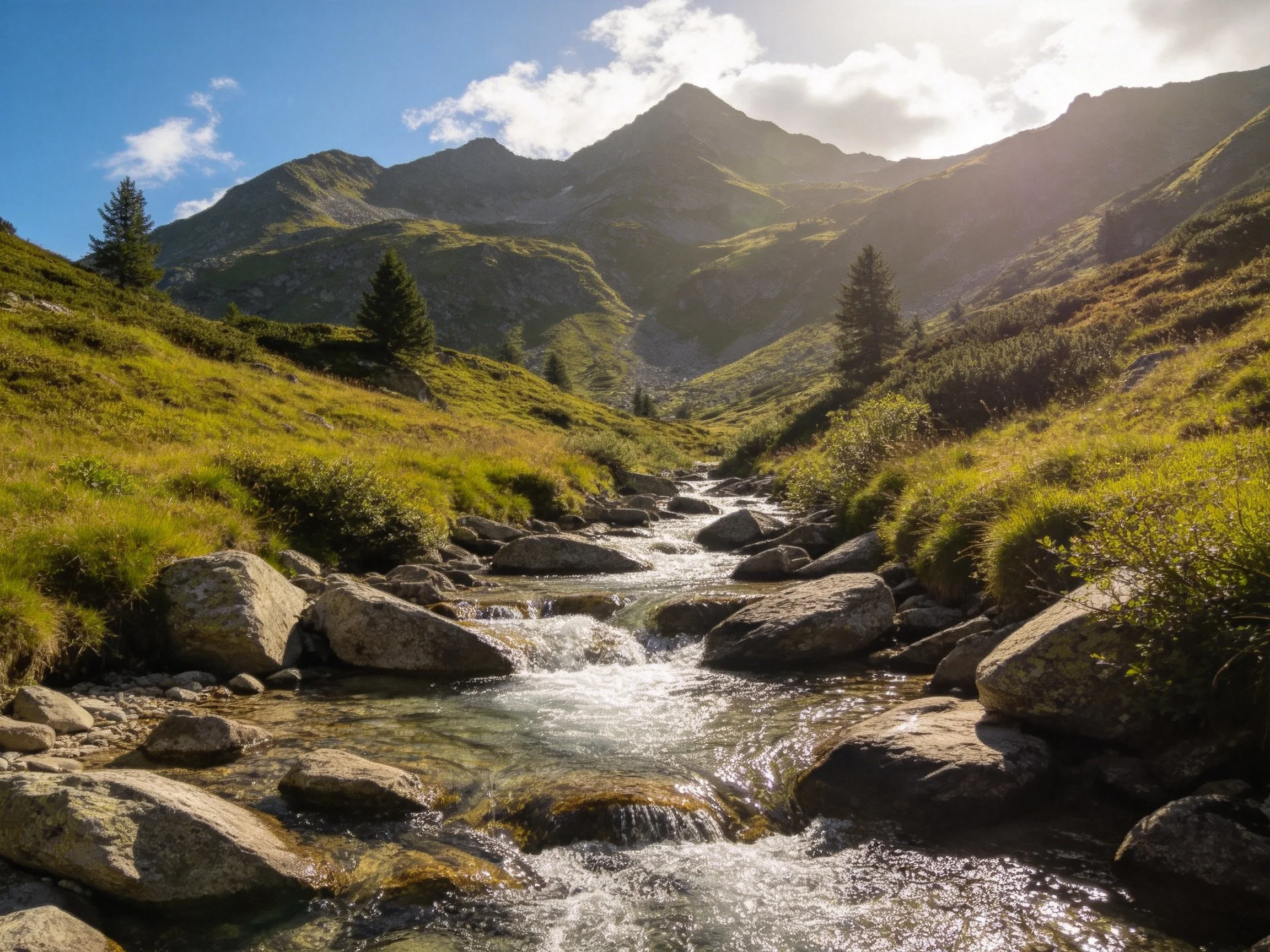 A rocky stream flows through lush green mountain valleys