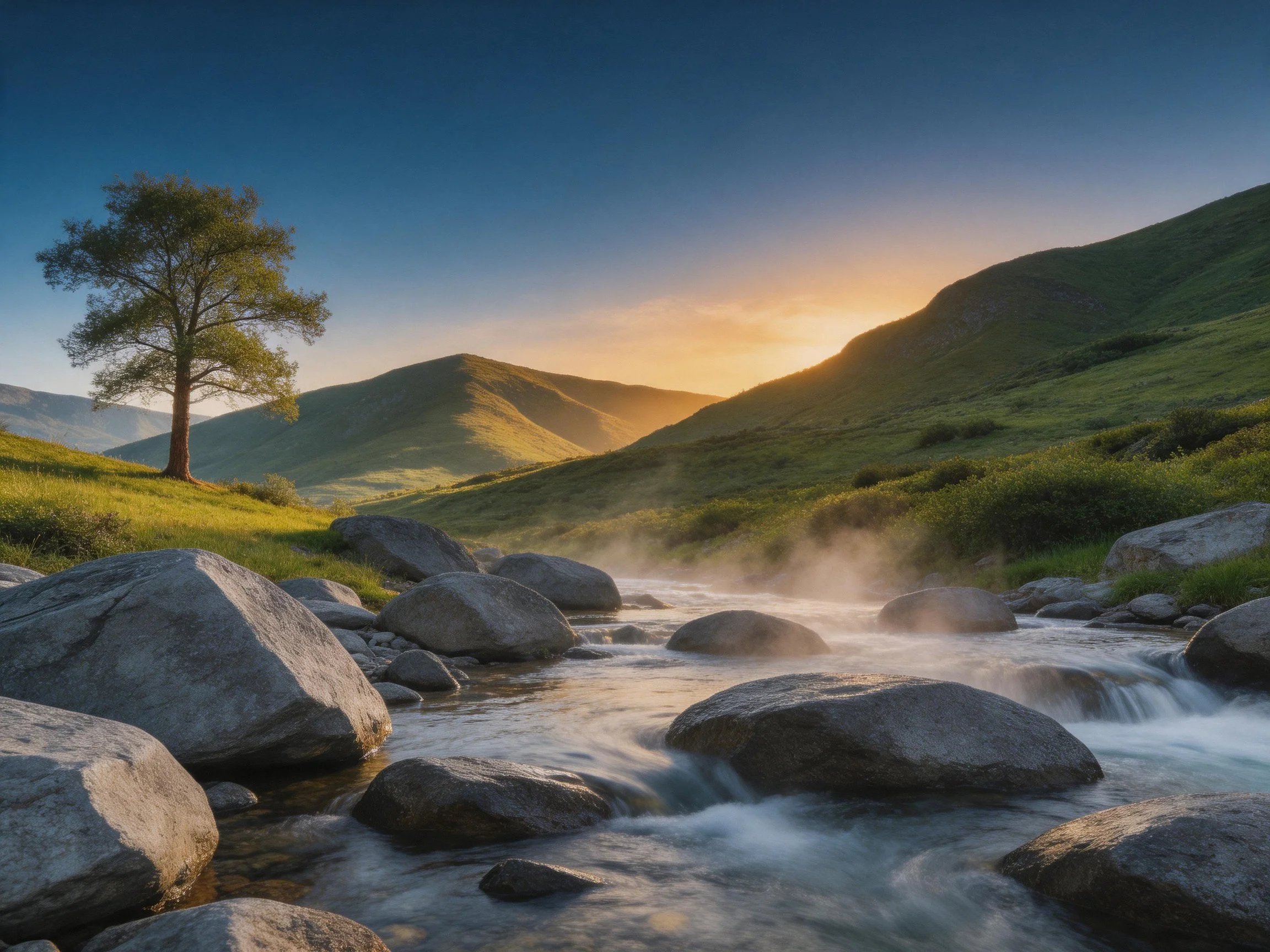 A rocky stream winds through green hills with a lone tree at sunset