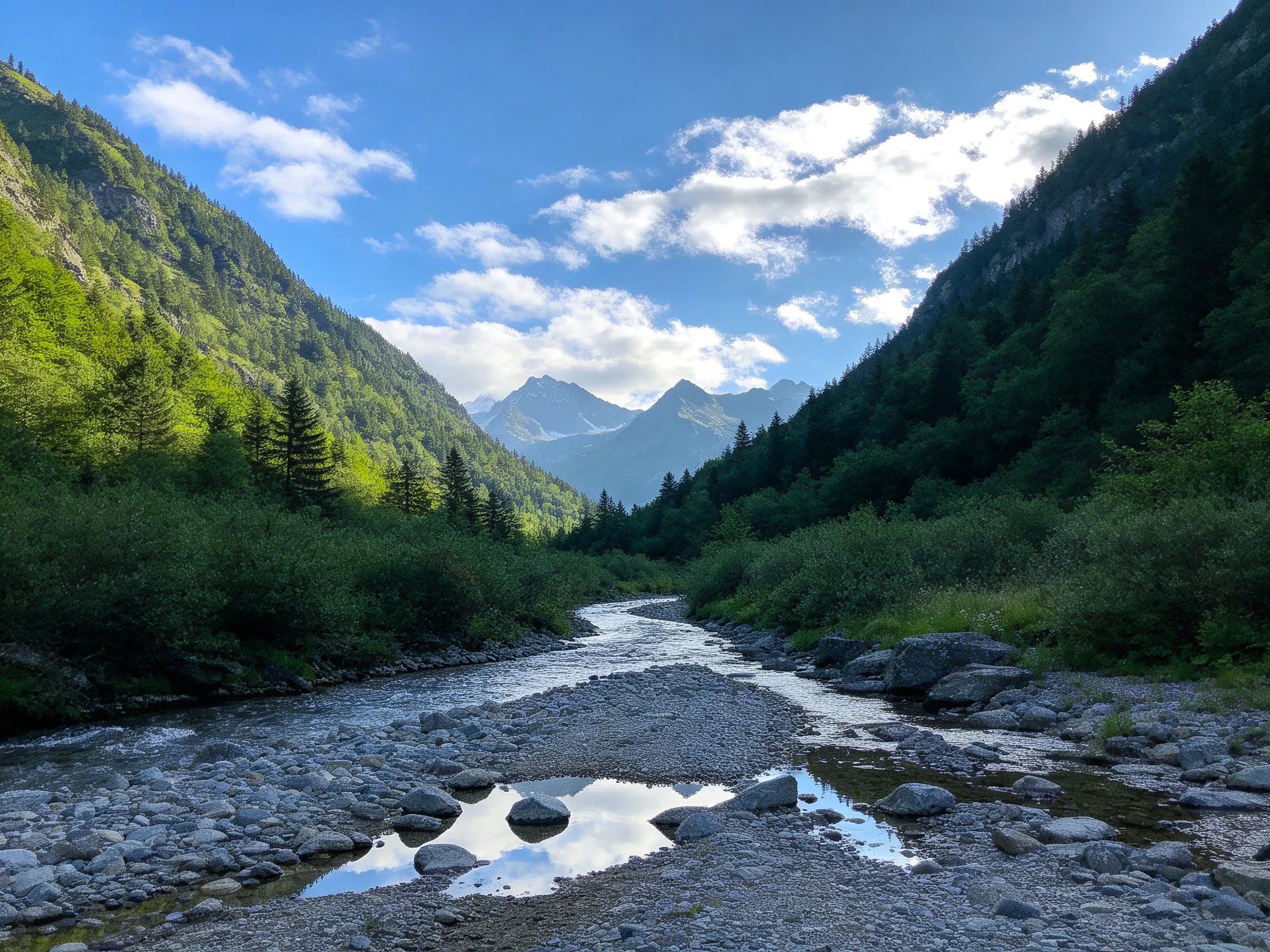 A rocky stream winds through lush green valleys under bright blue skies.