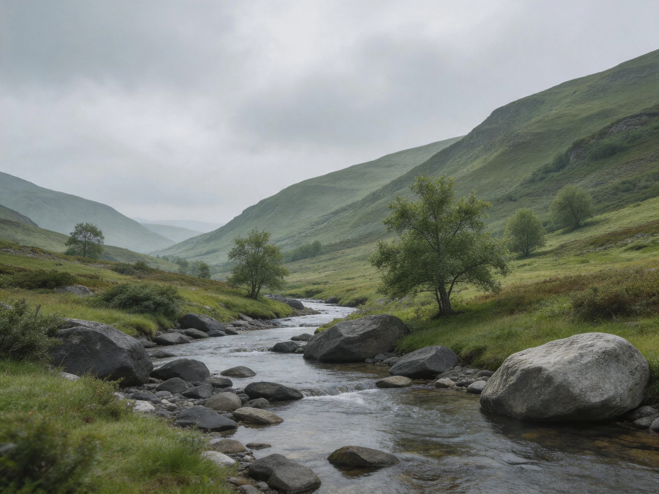 A rocky stream winds through lush green valleys under gray skies