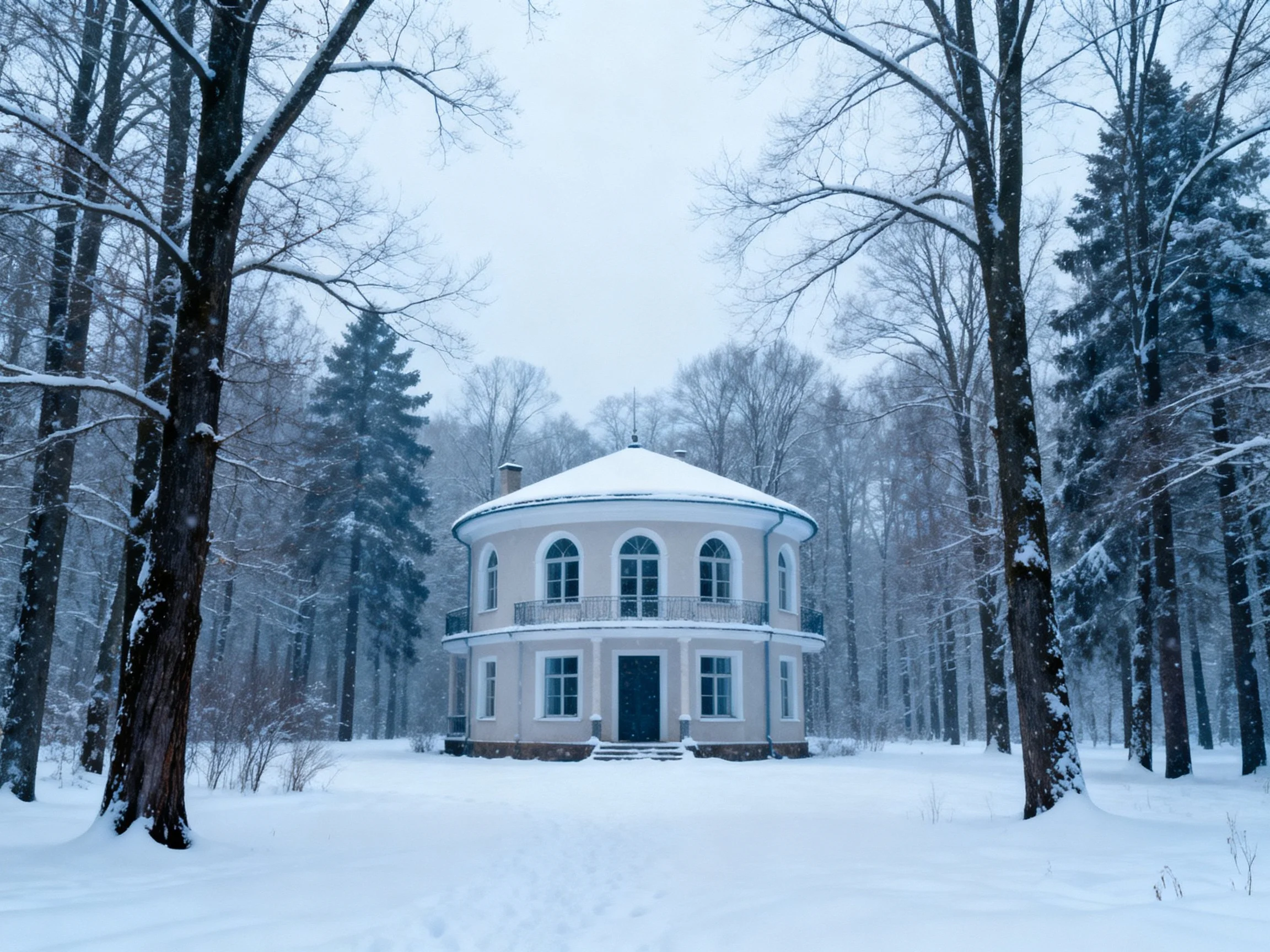 A round cream - colored house in a snowy forest