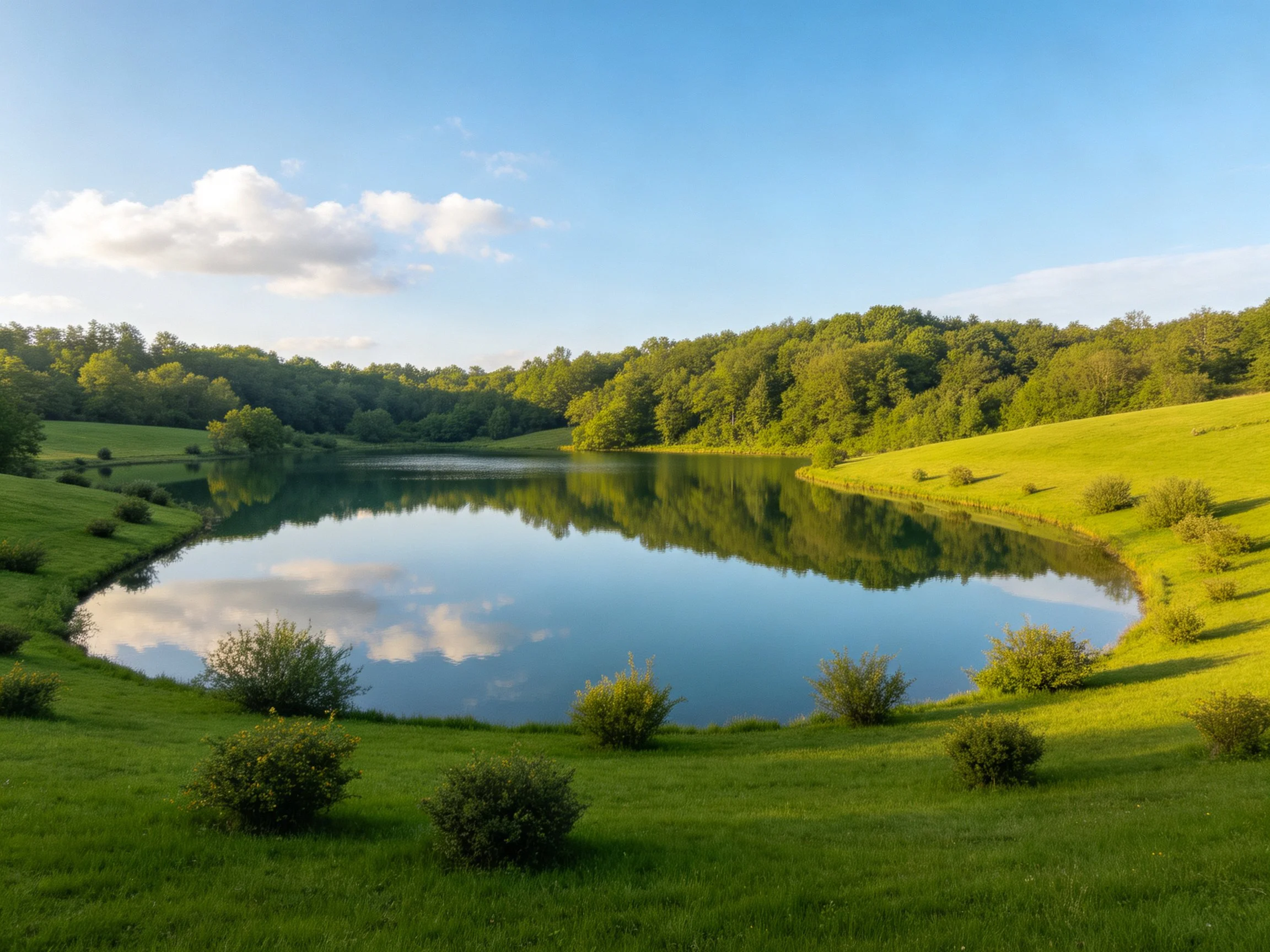 A round lake reflects blue sky amid lush green landscapes