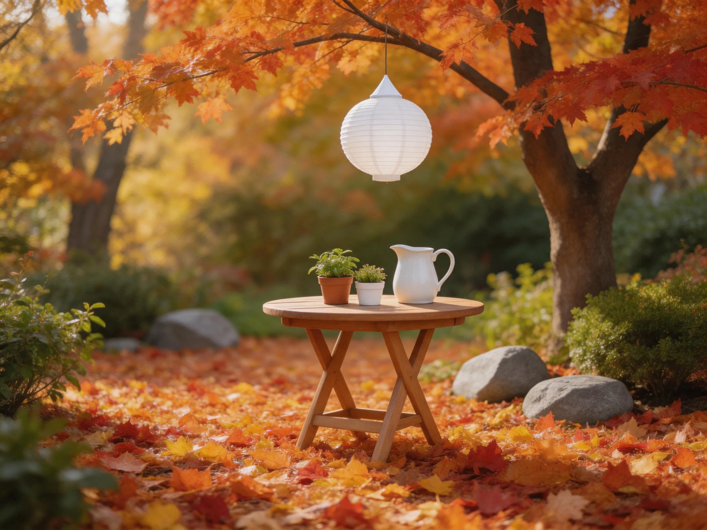 A round wooden table with potted plants under a hanging lantern amid autumn foliage