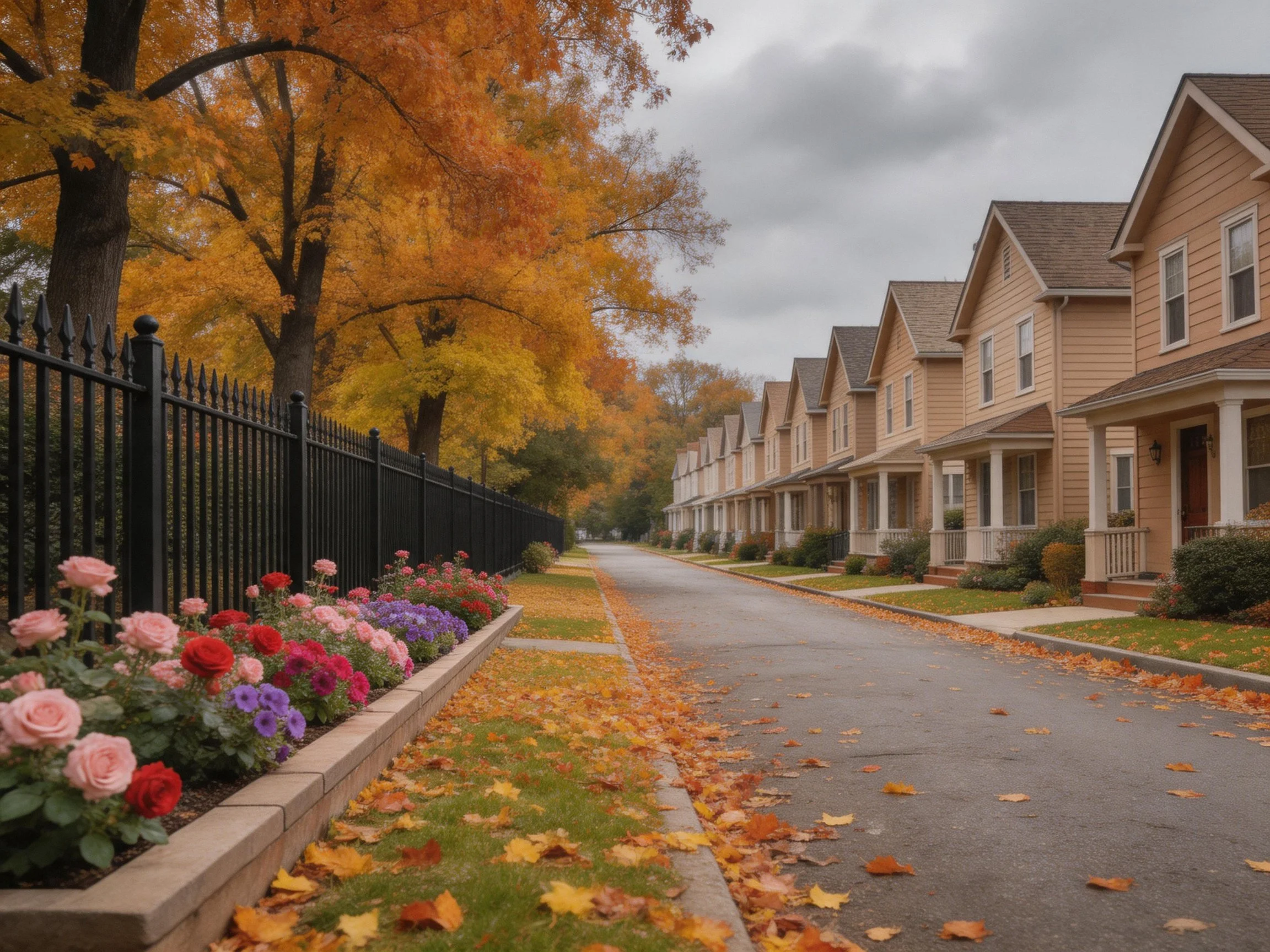 A row of beige townhouses beside vibrant fall foliage and flower beds