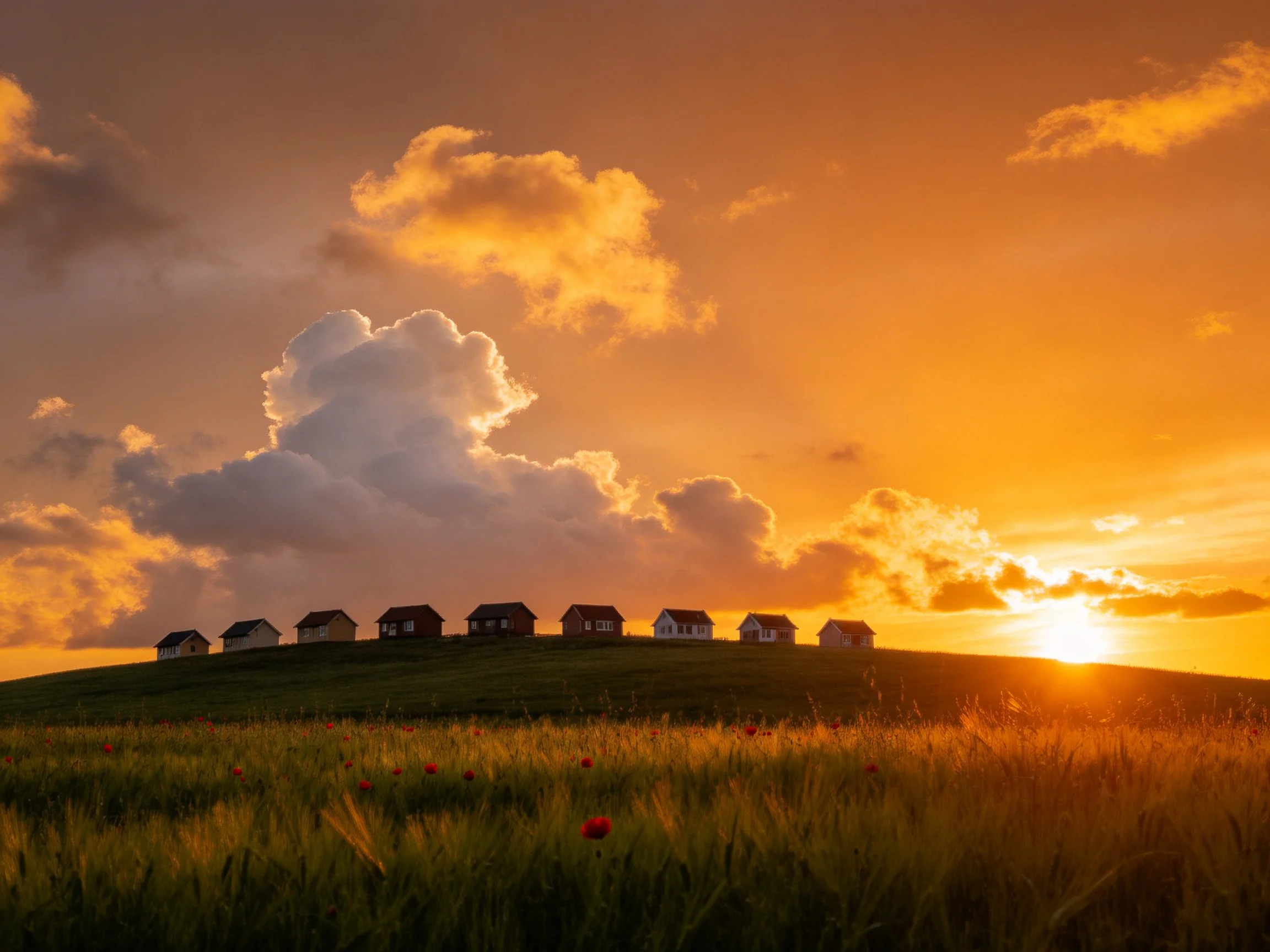 A row of cottages sits on a hill as the sun sets, illuminating the landscape