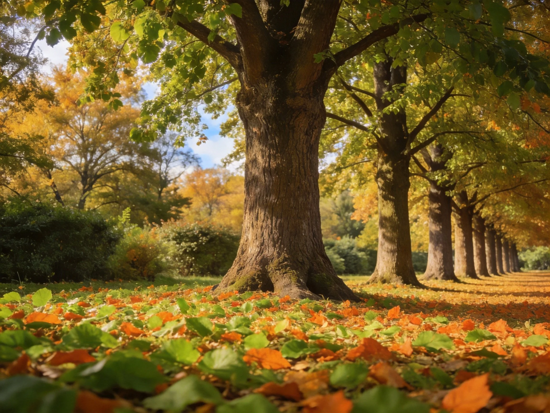 A row of large trees with golden and green foliage