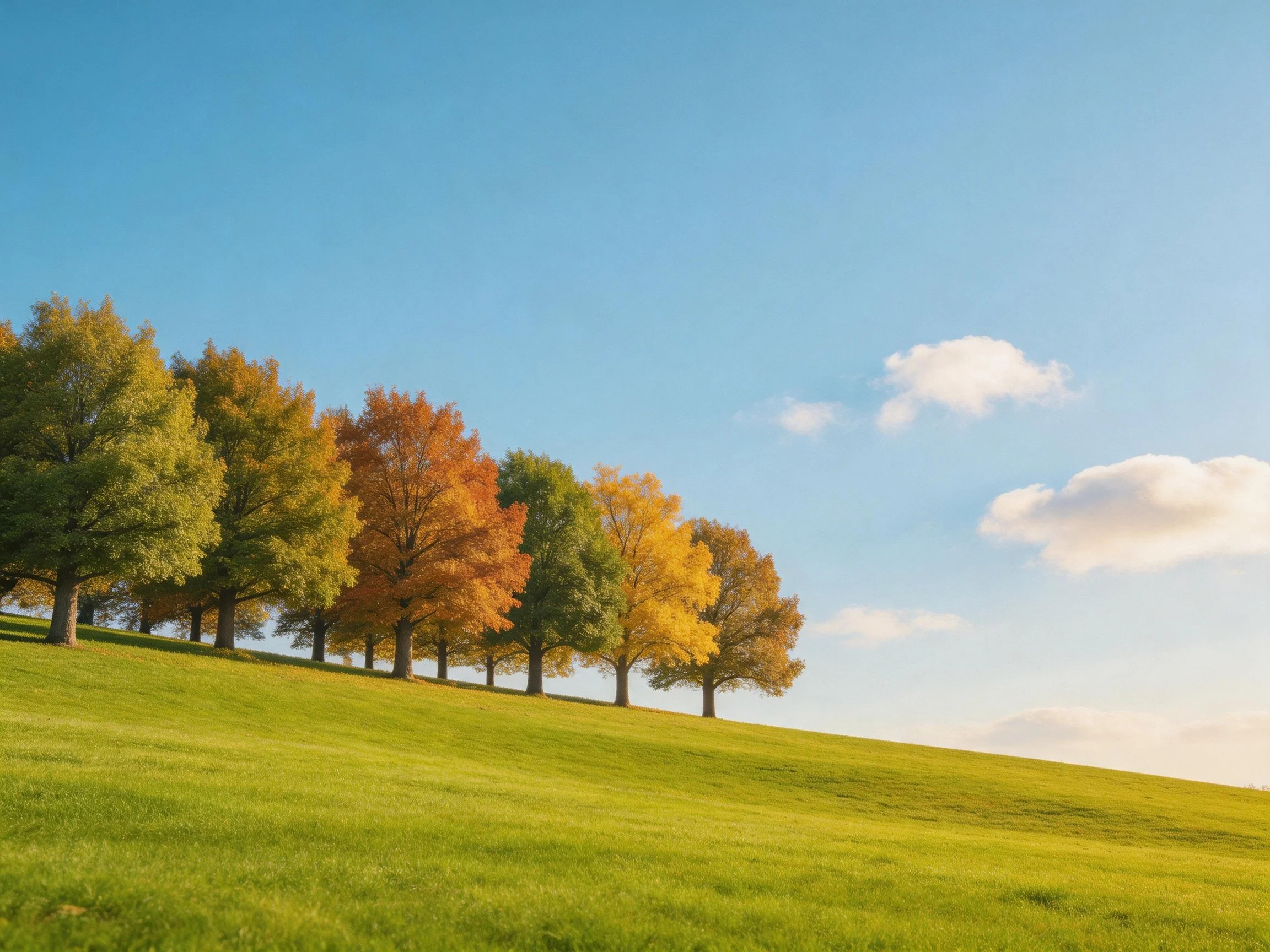 A row of multicolored trees on a sloped green meadow