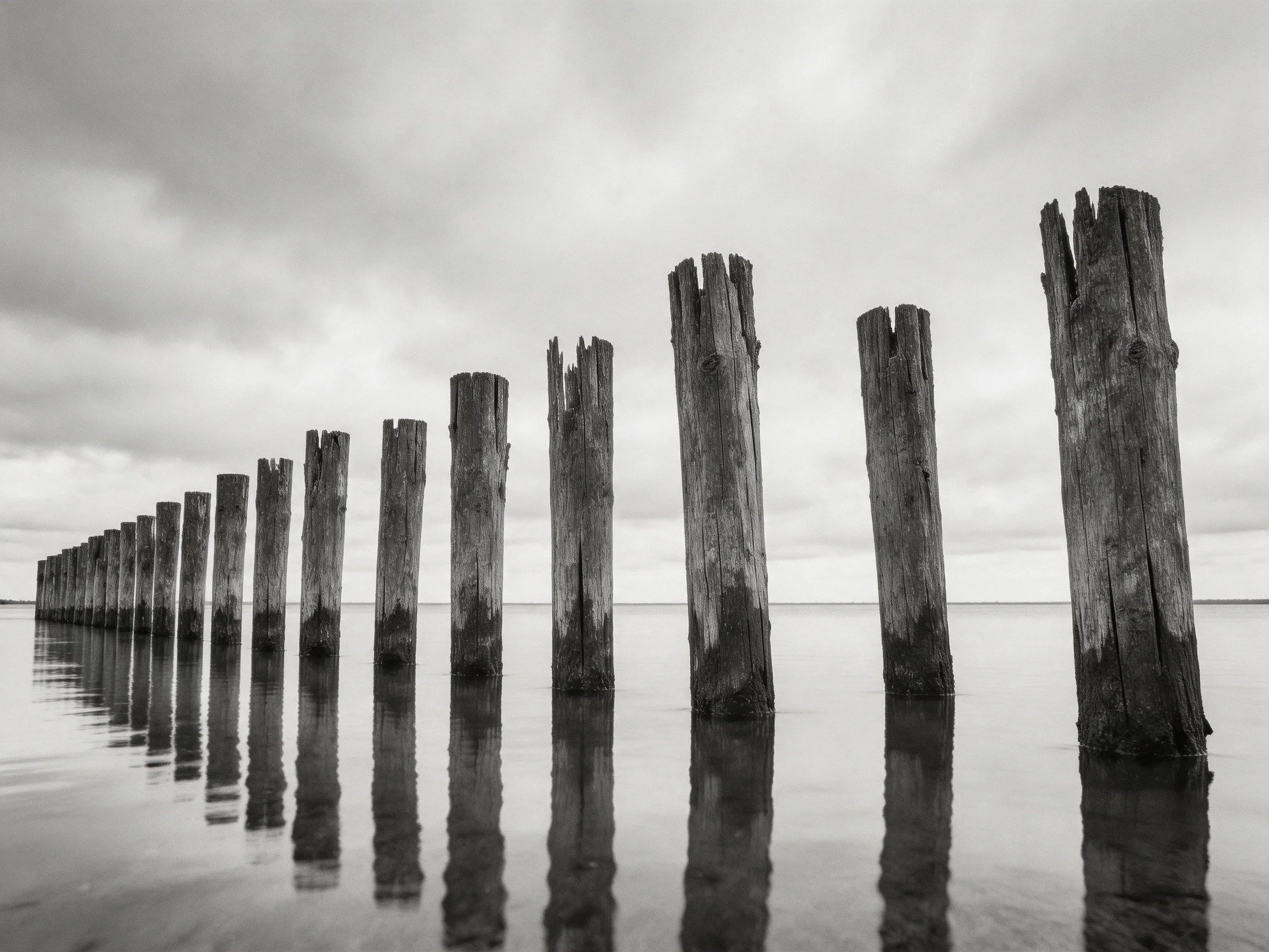 A row of weathered wooden posts in calm water under overcast sky