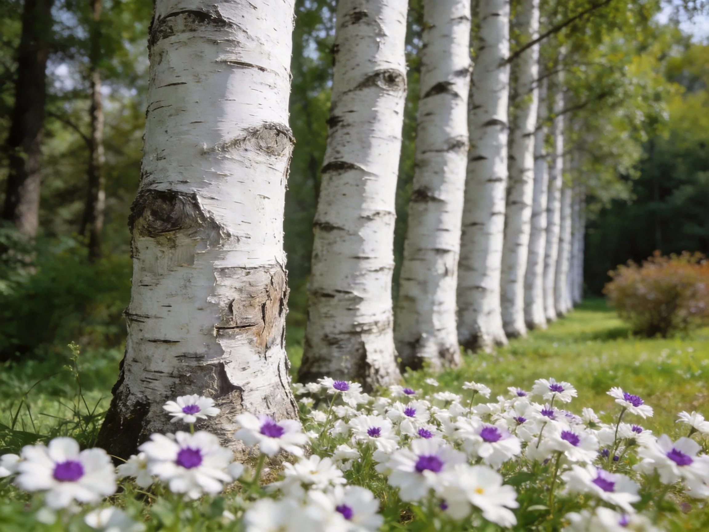 A row of white birch trees alongside purple-and-white wildflowers