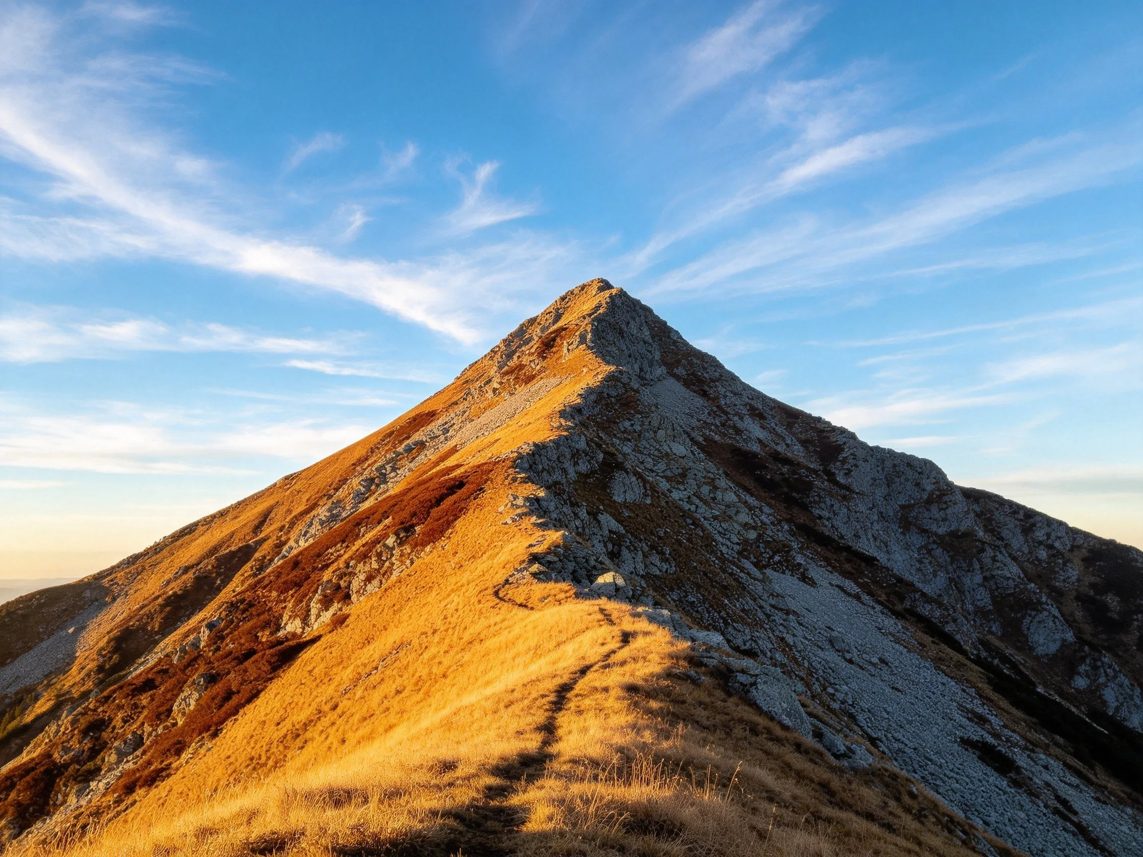 A rugged mountain peak with golden slopes under clear blue sky