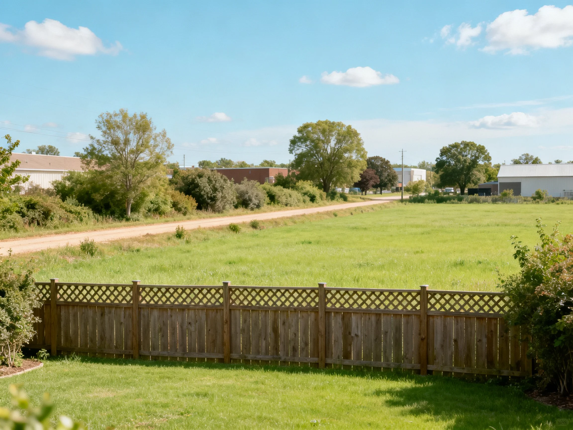 A rural landscape with a wooden fence, open field, and distant buildings