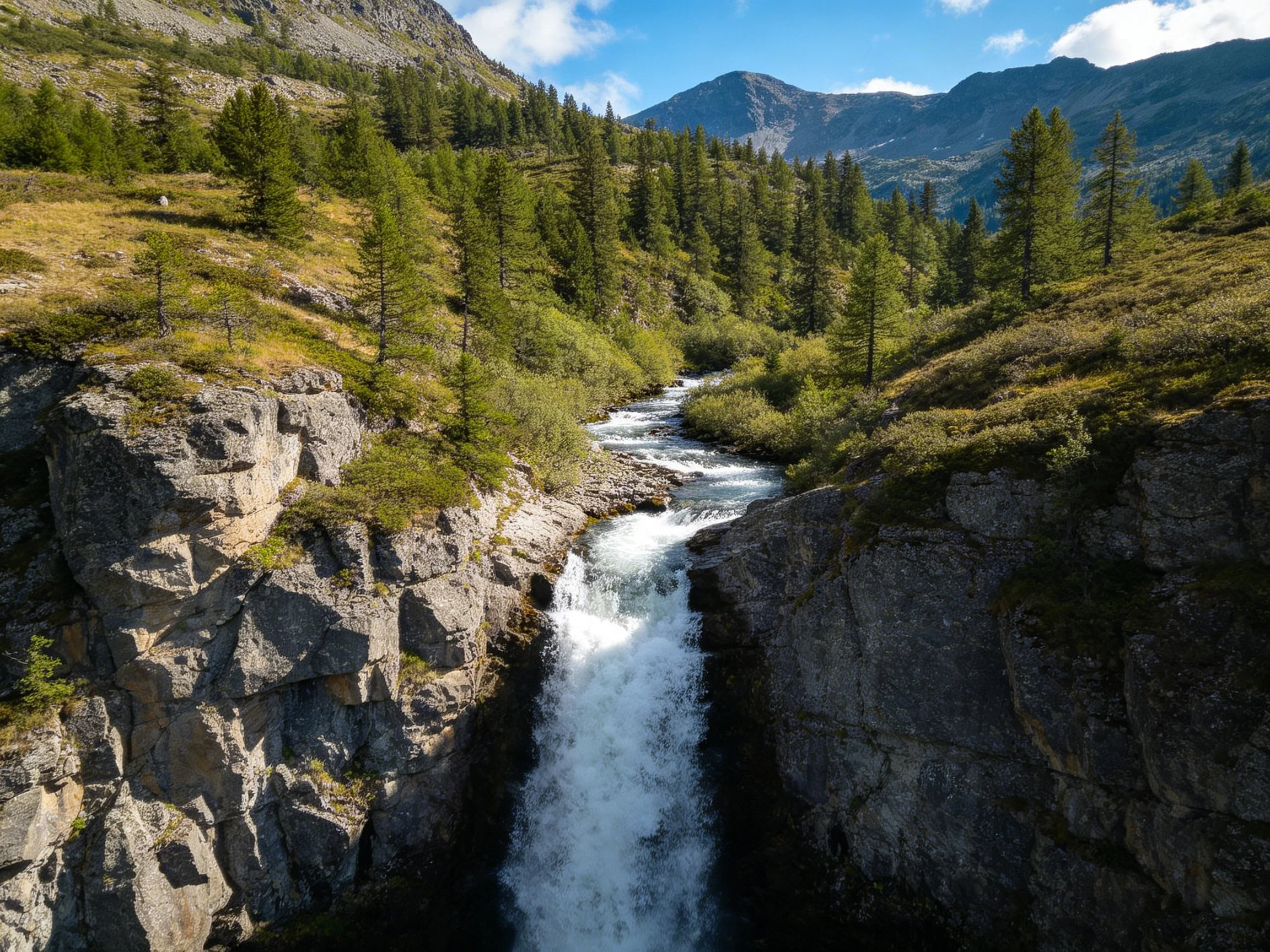 A rushing river cascades over rocky cliffs beside dense evergreen forests and mountain peaks.