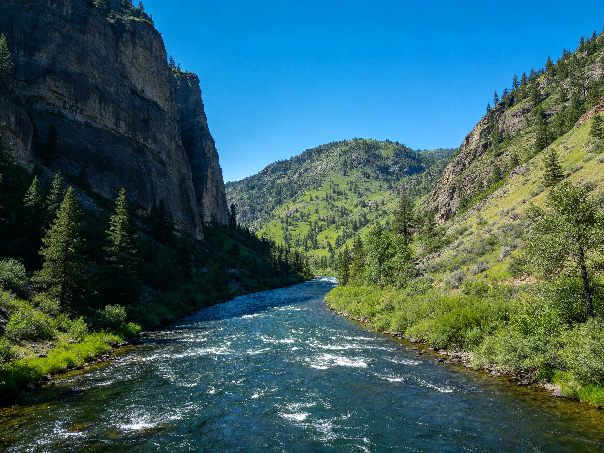 A rushing river flows through towering rocky cliffs and verdant mountain slopes