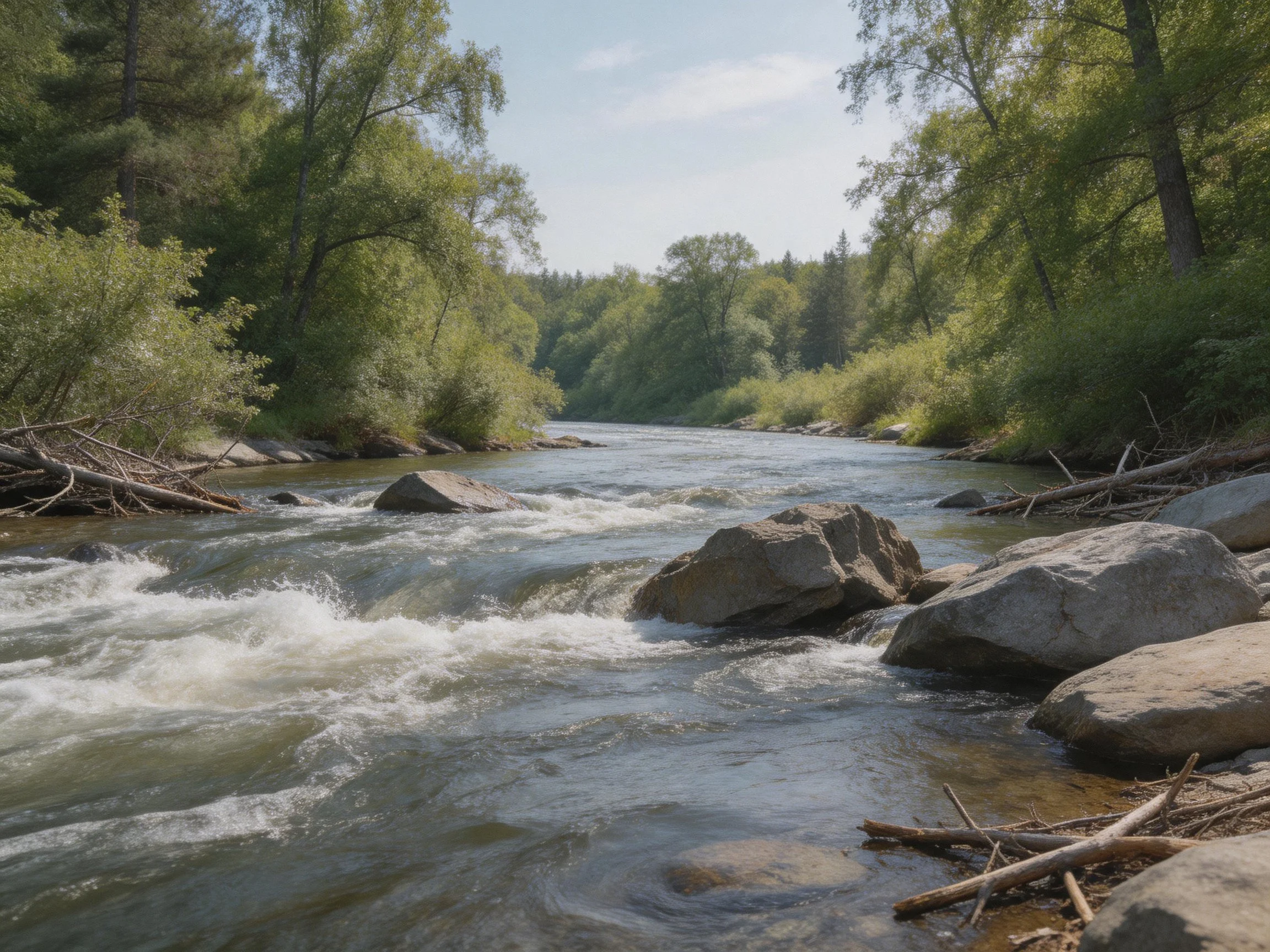 A rushing river with large rocks and dense green trees