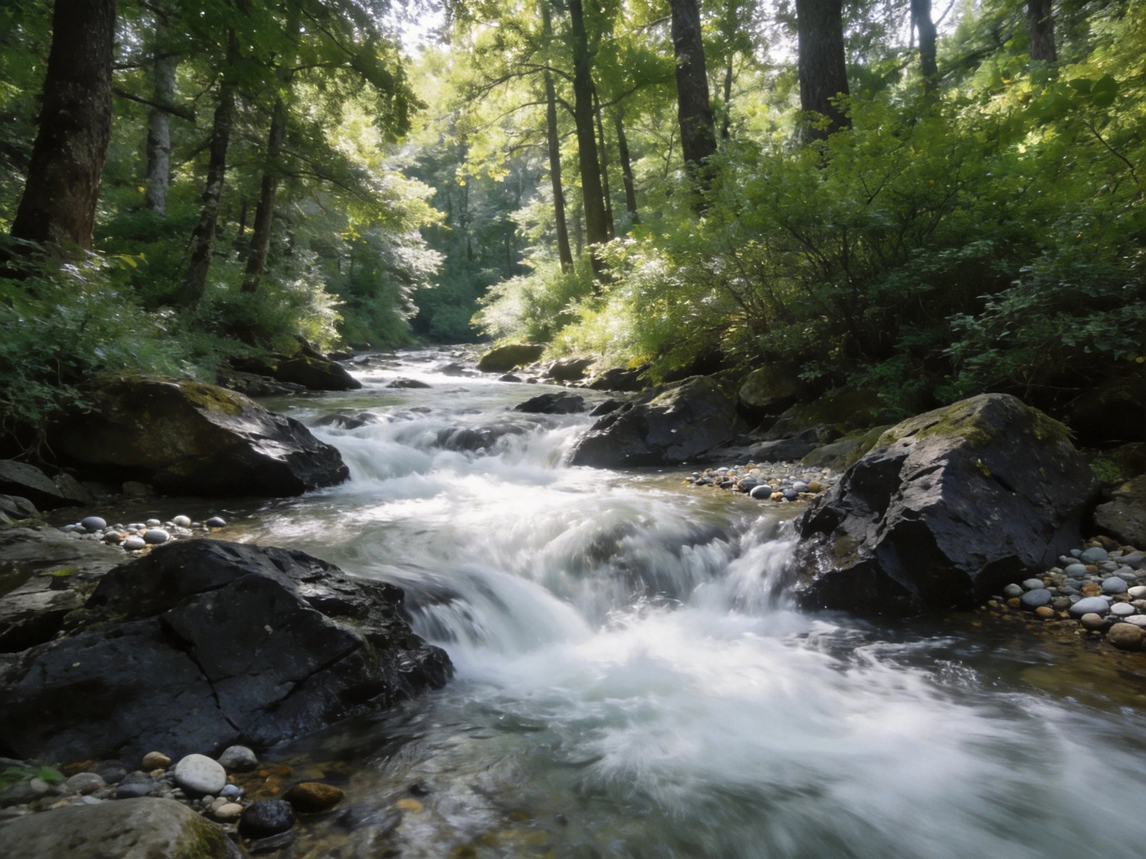 A rushing stream flows over rocks amid dense green trees