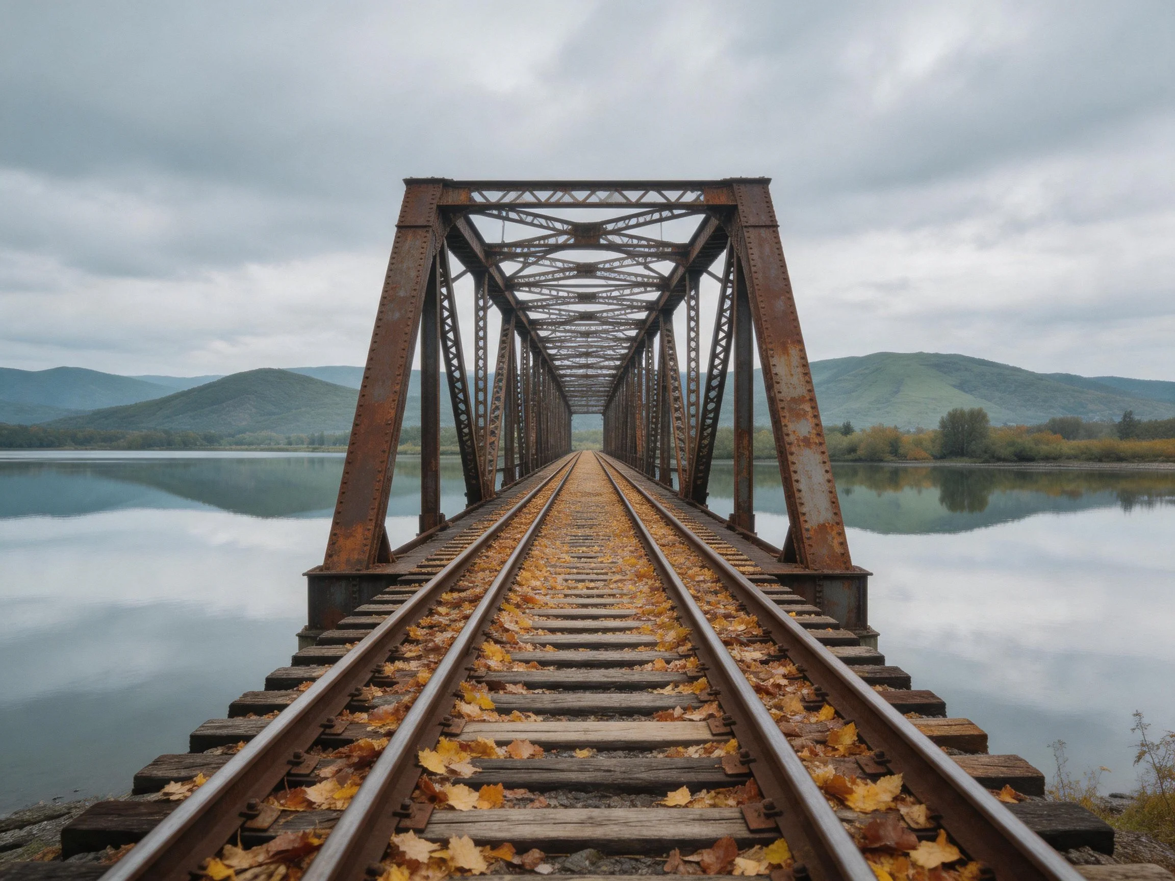 A rusted metal bridge spans calm water over train tracks with autumn leaves