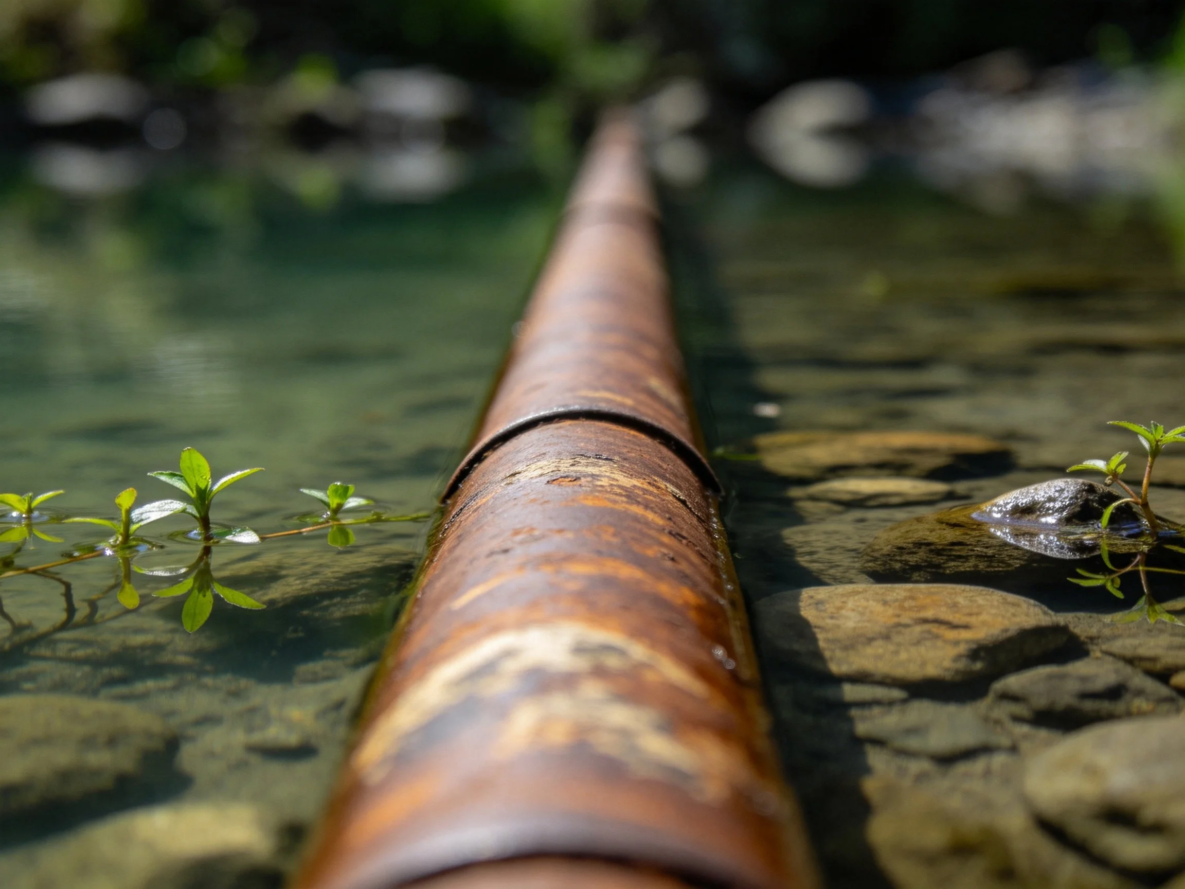 A rusted metal pipe spans clear stream water with greenery and stones