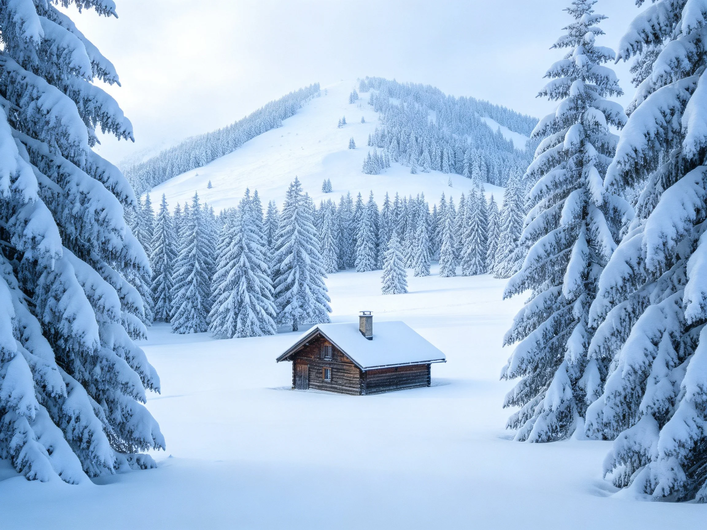 A rustic log cabin amid snow-laden evergreen trees and mountain slopes