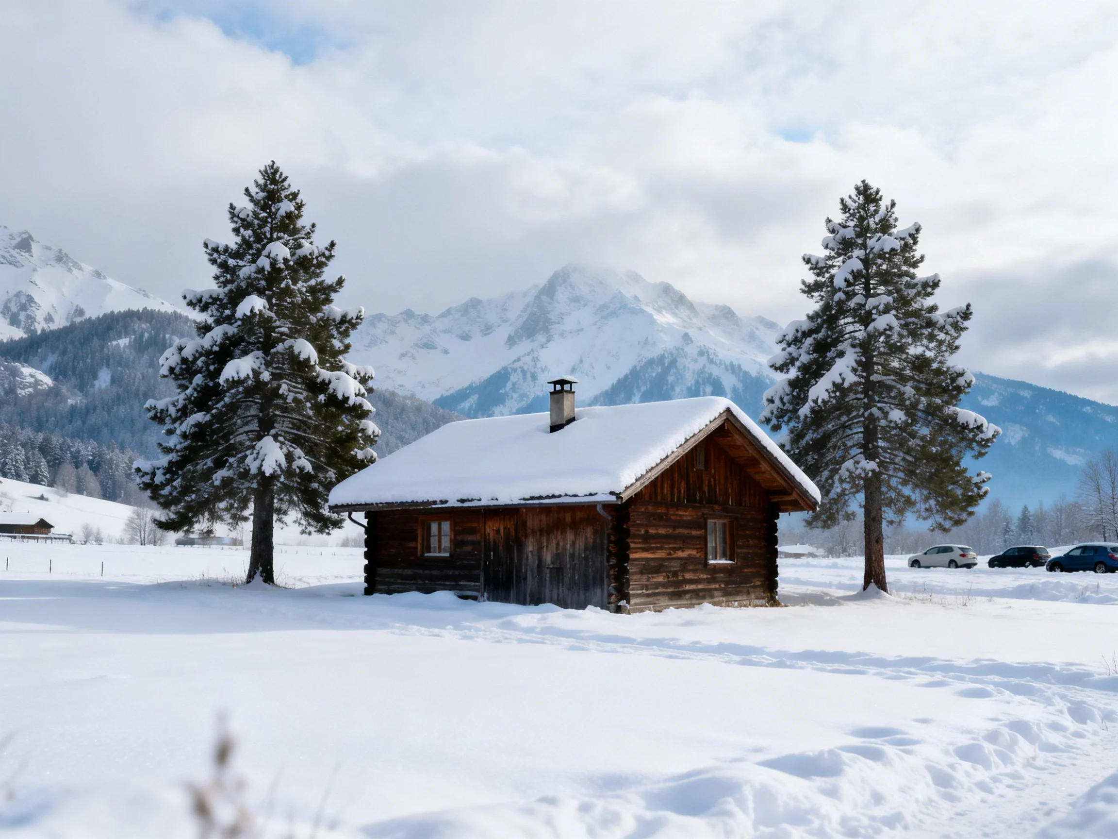 A rustic log cabin amid snow, pine trees, and mountains