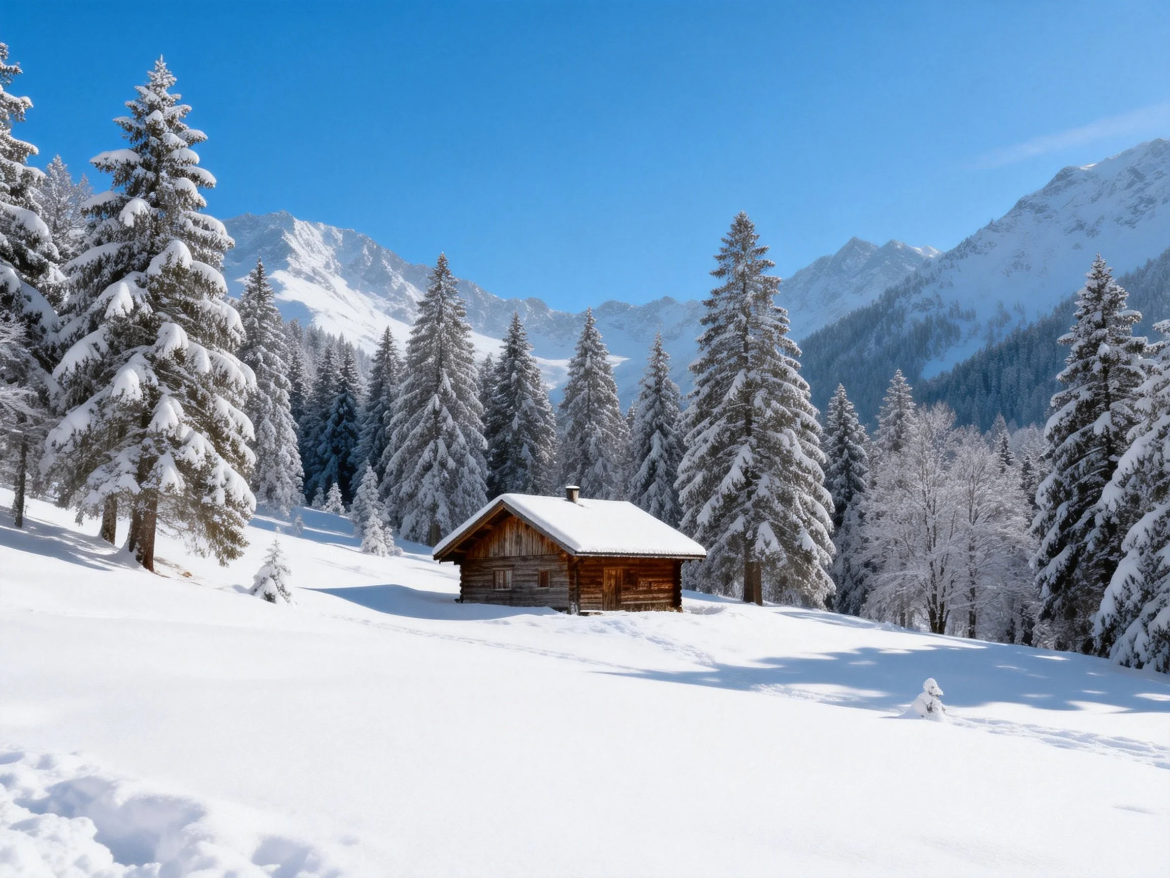 A rustic log cabin amidst snow -aden evergreens and mountainous terrain
