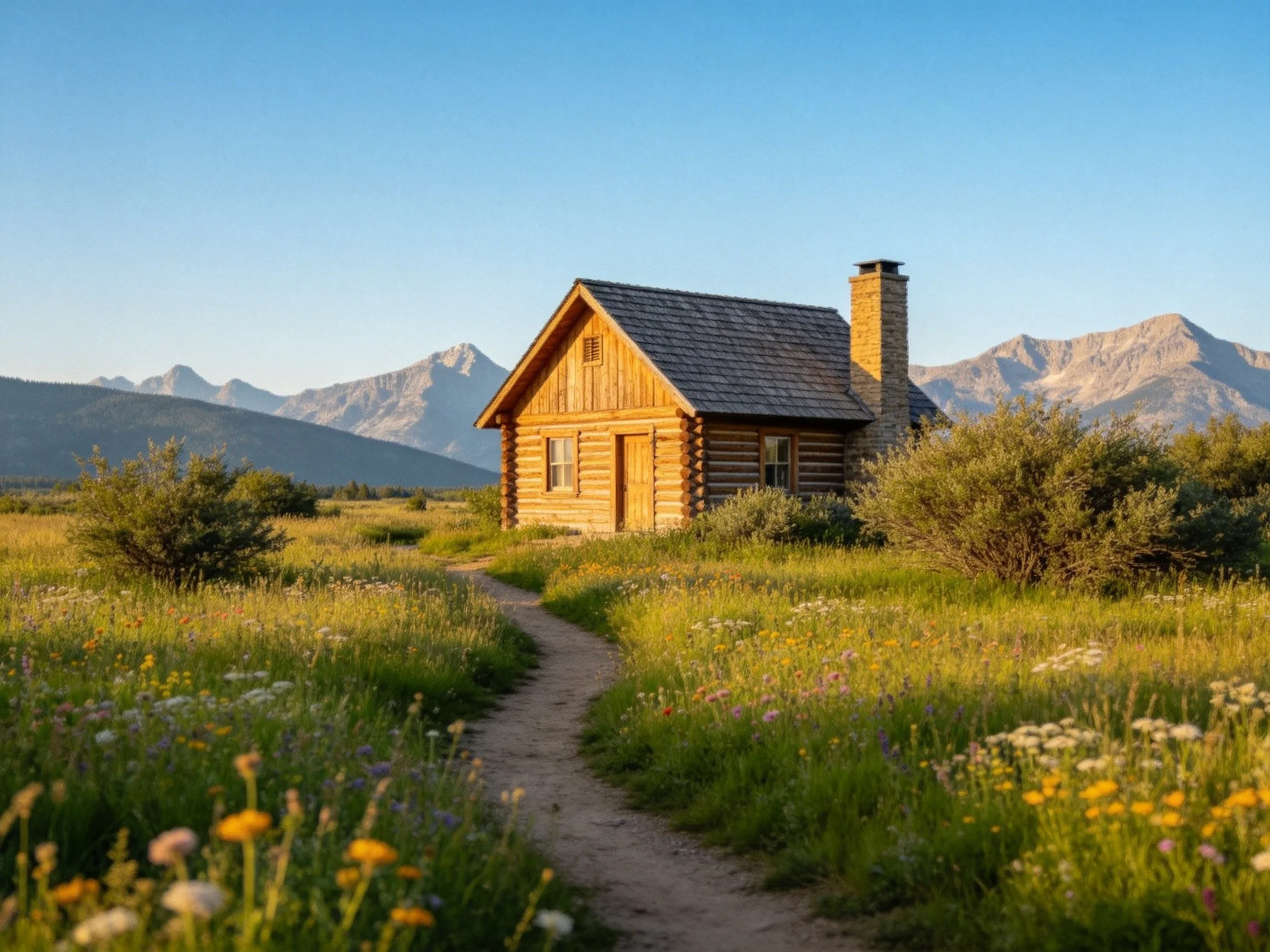 A rustic log cabin amidst wildflowers near mountainous terrain