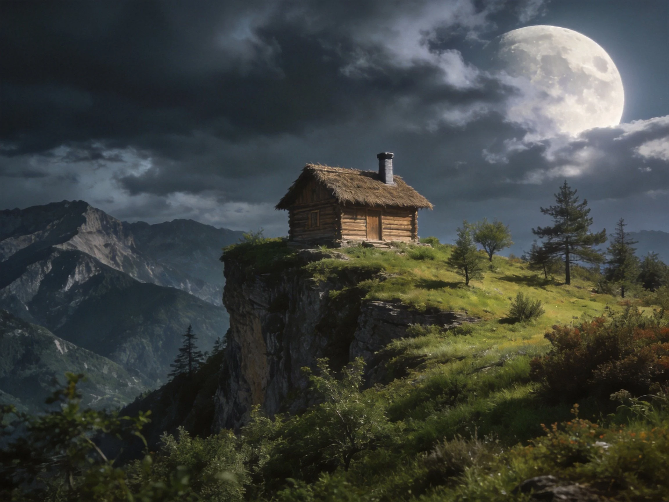 A rustic log cabin atop a grassy cliff under a large moonlit sky