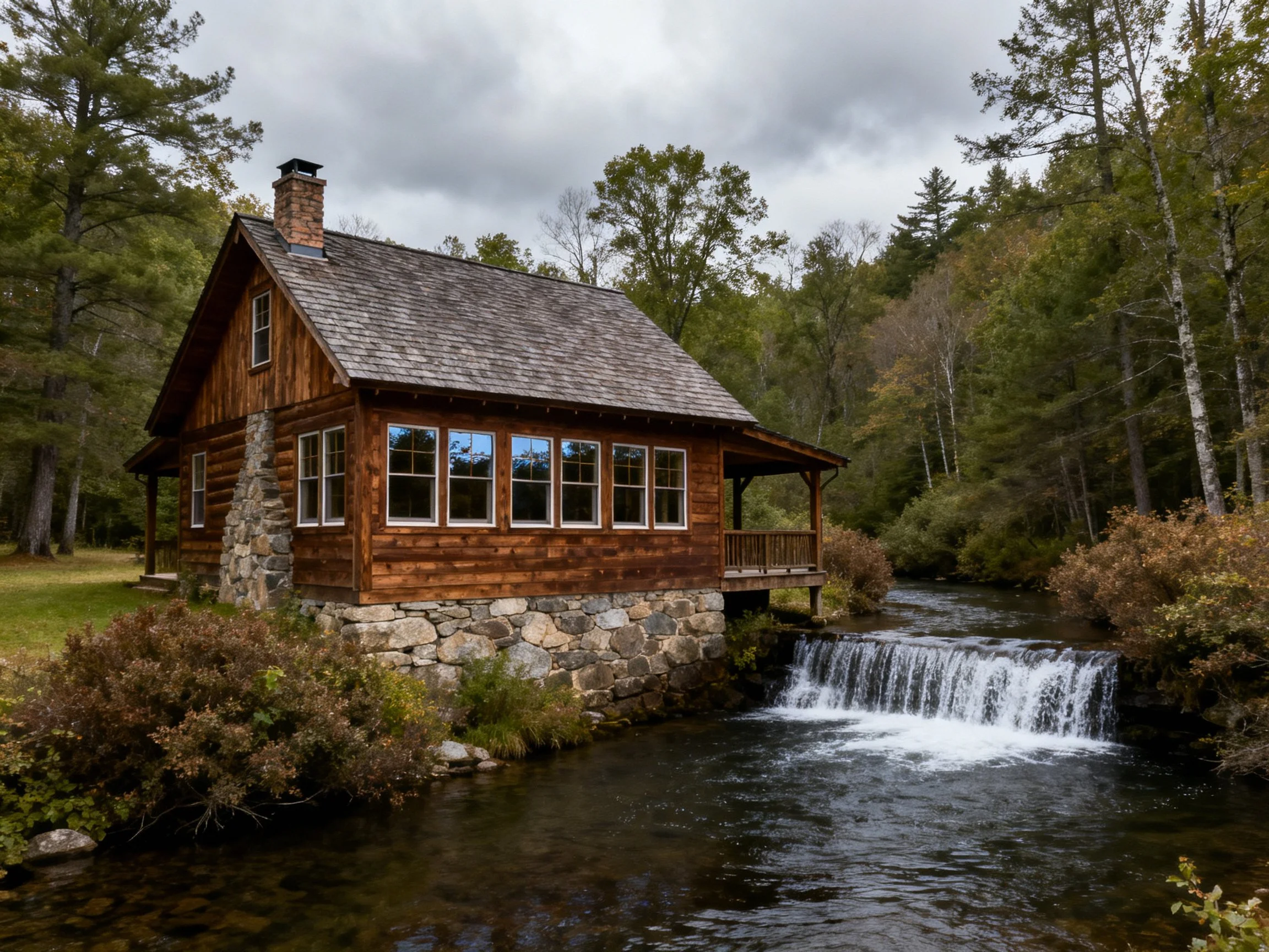 A rustic log cabin beside a forested stream waterfall