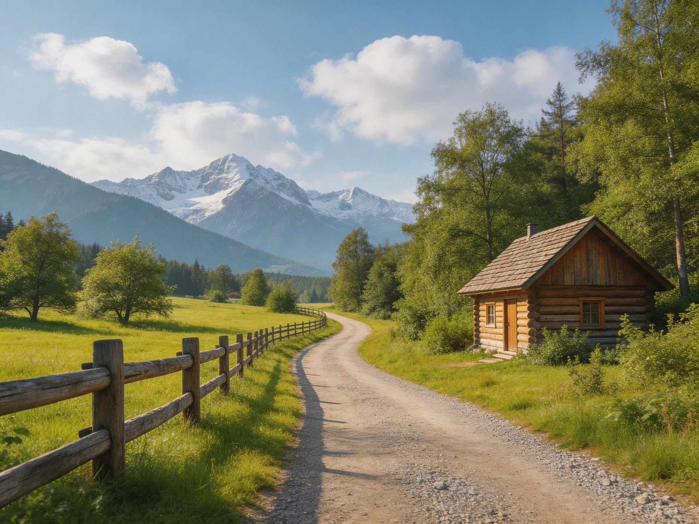A rustic log cabin beside a gravel road with green meadows and snow-capped mountains