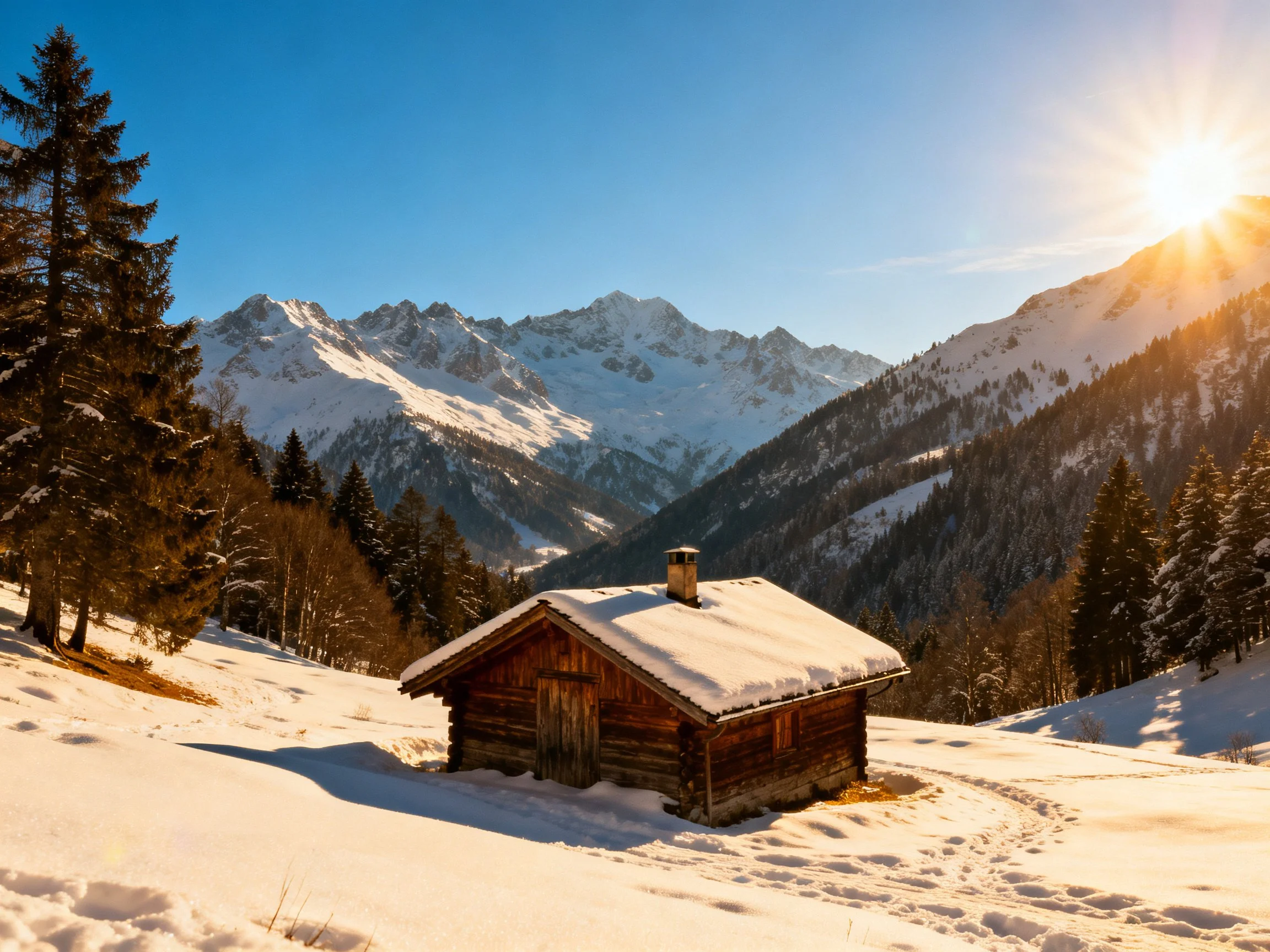 A rustic log cabin in a snow-draped mountainous landscape