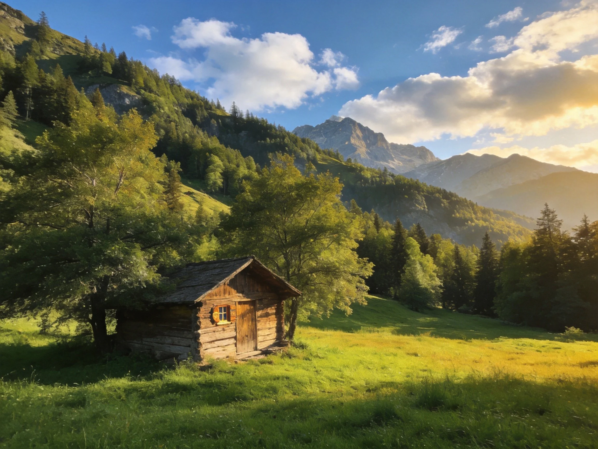 A rustic log cabin in a sunlit mountain meadow