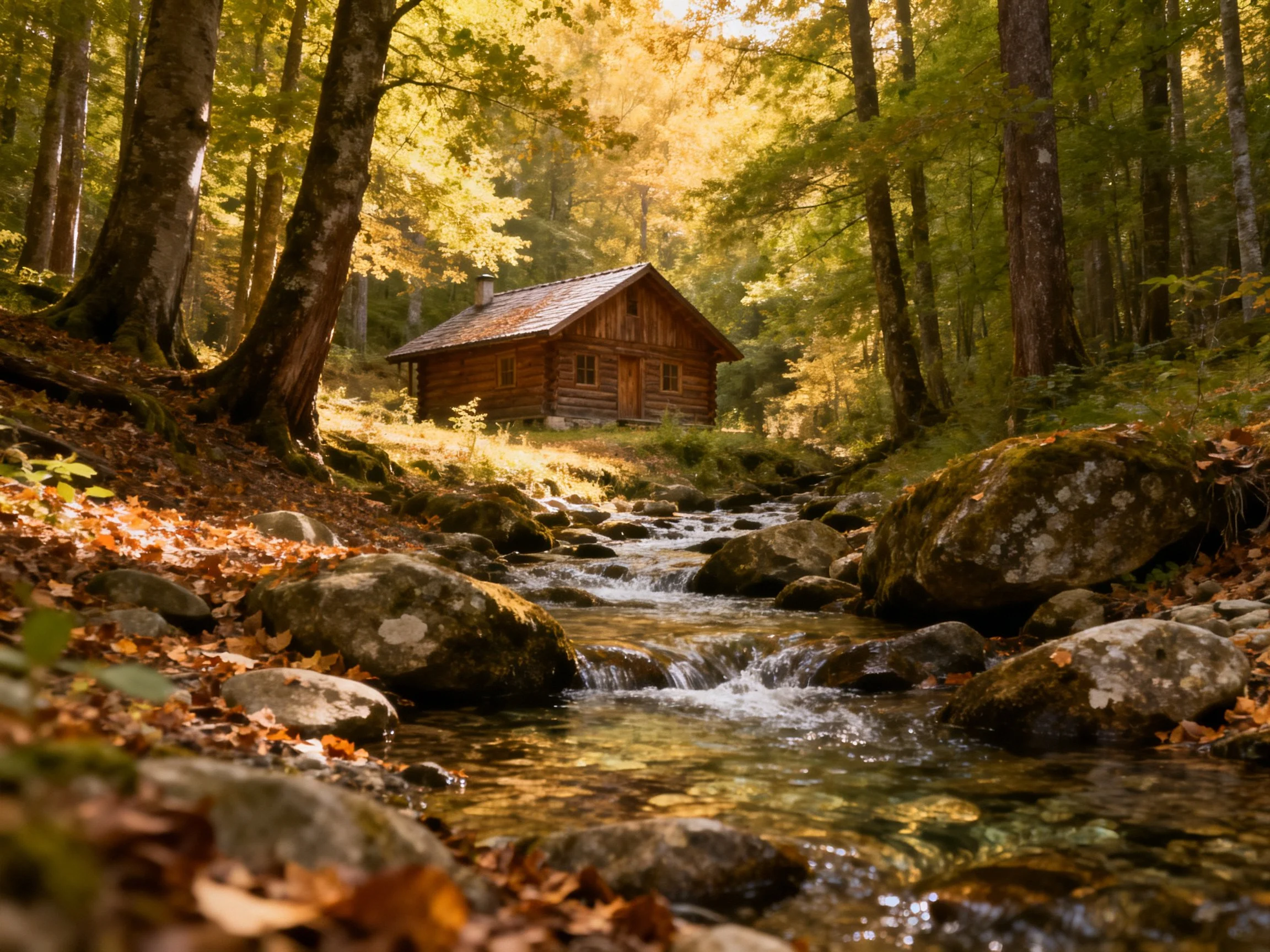 A rustic log cabin near a rocky stream in autumnal forest